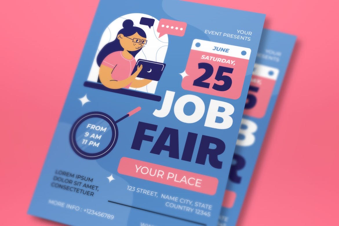 蓝色平面设计招聘会传单套装 Blue Flat Design Job Fair Flyer Set