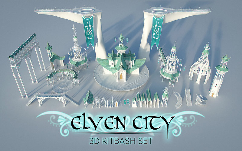 Blender精灵之城场景3D模型 Elven City &#8211; 3D Kitbash Set_