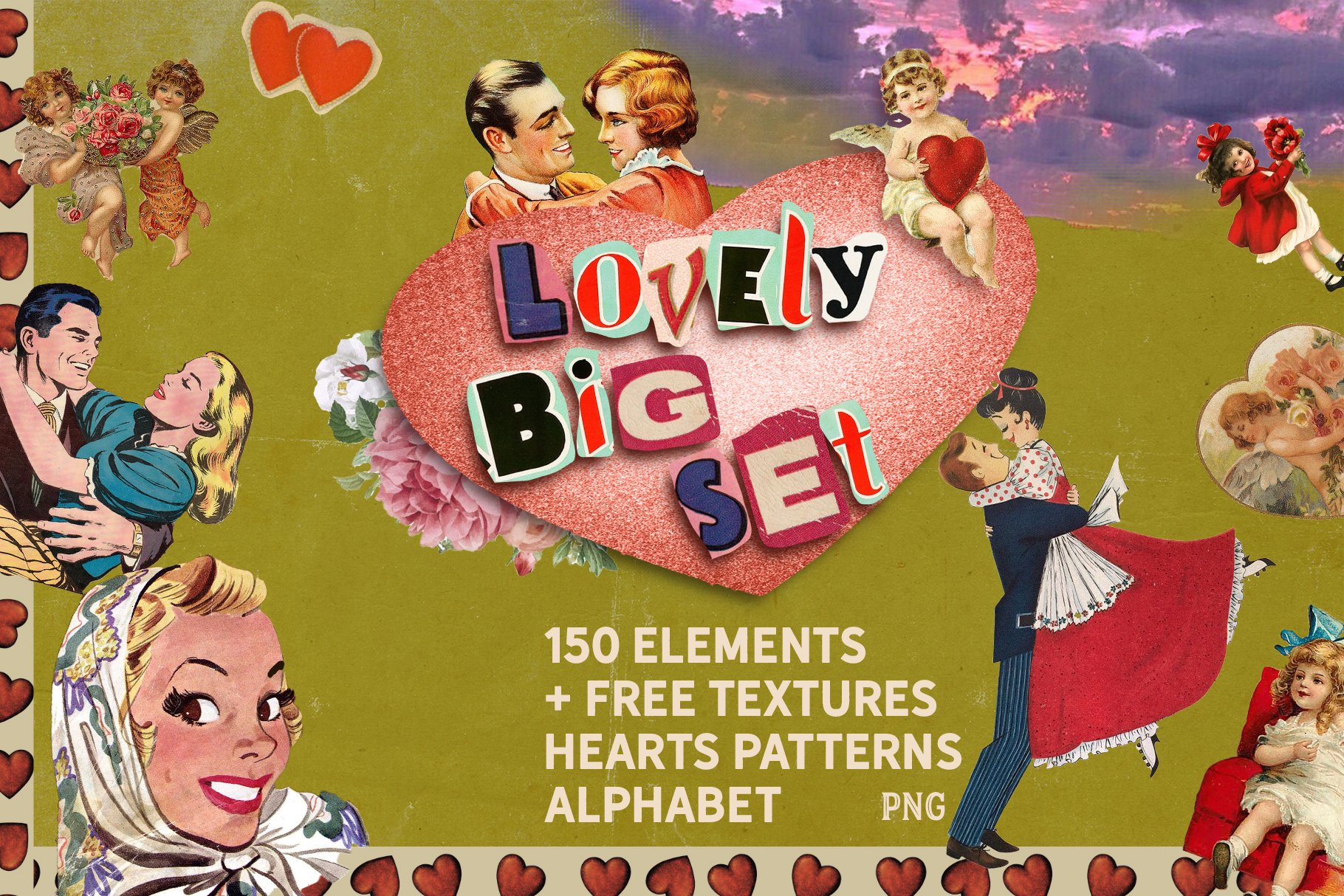 Valentines day RETRO Design SET 字母和数字、心形图案、纹理、情人节复古设计套装 -