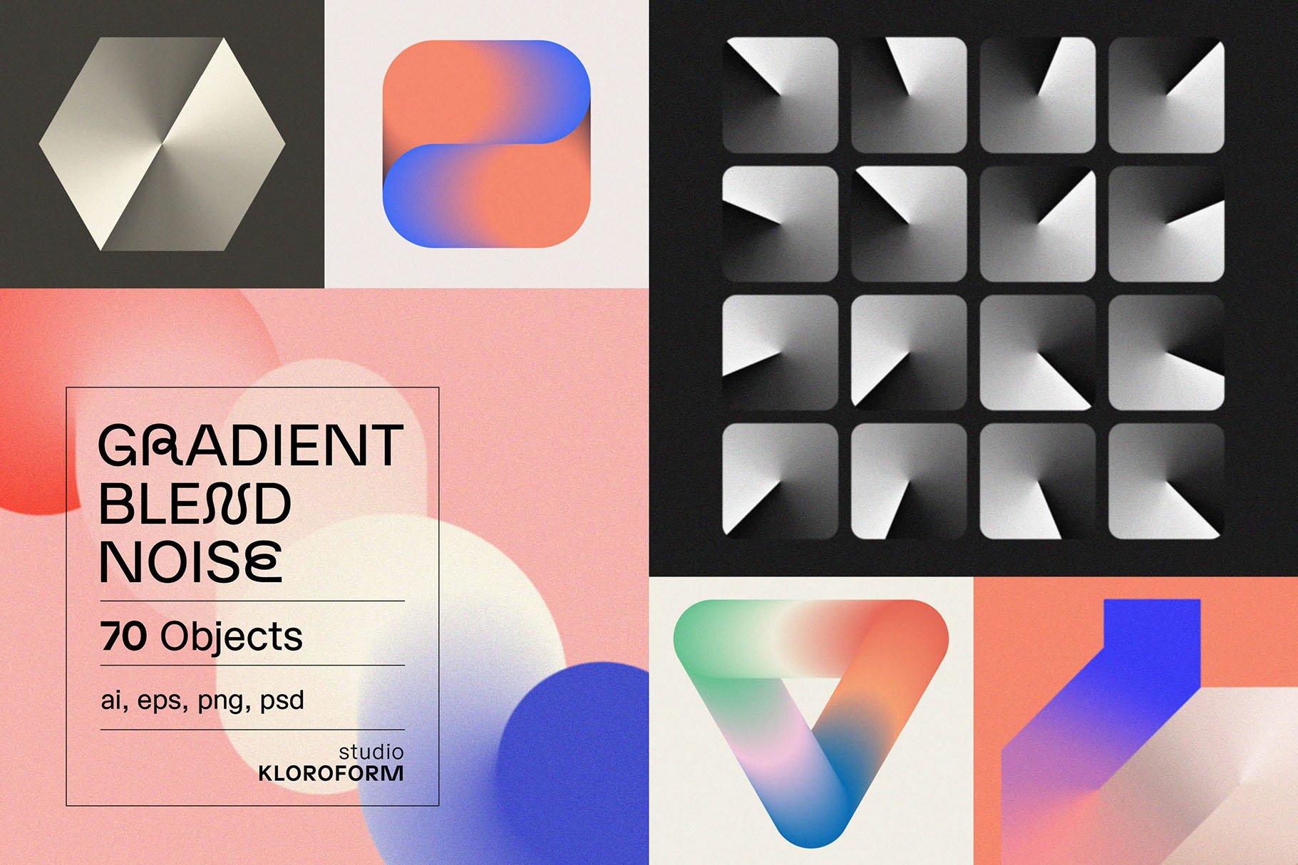 Gradient Blend Noise Vol.1 70个抽象渐变颗粒纹理扭曲几何图形 -