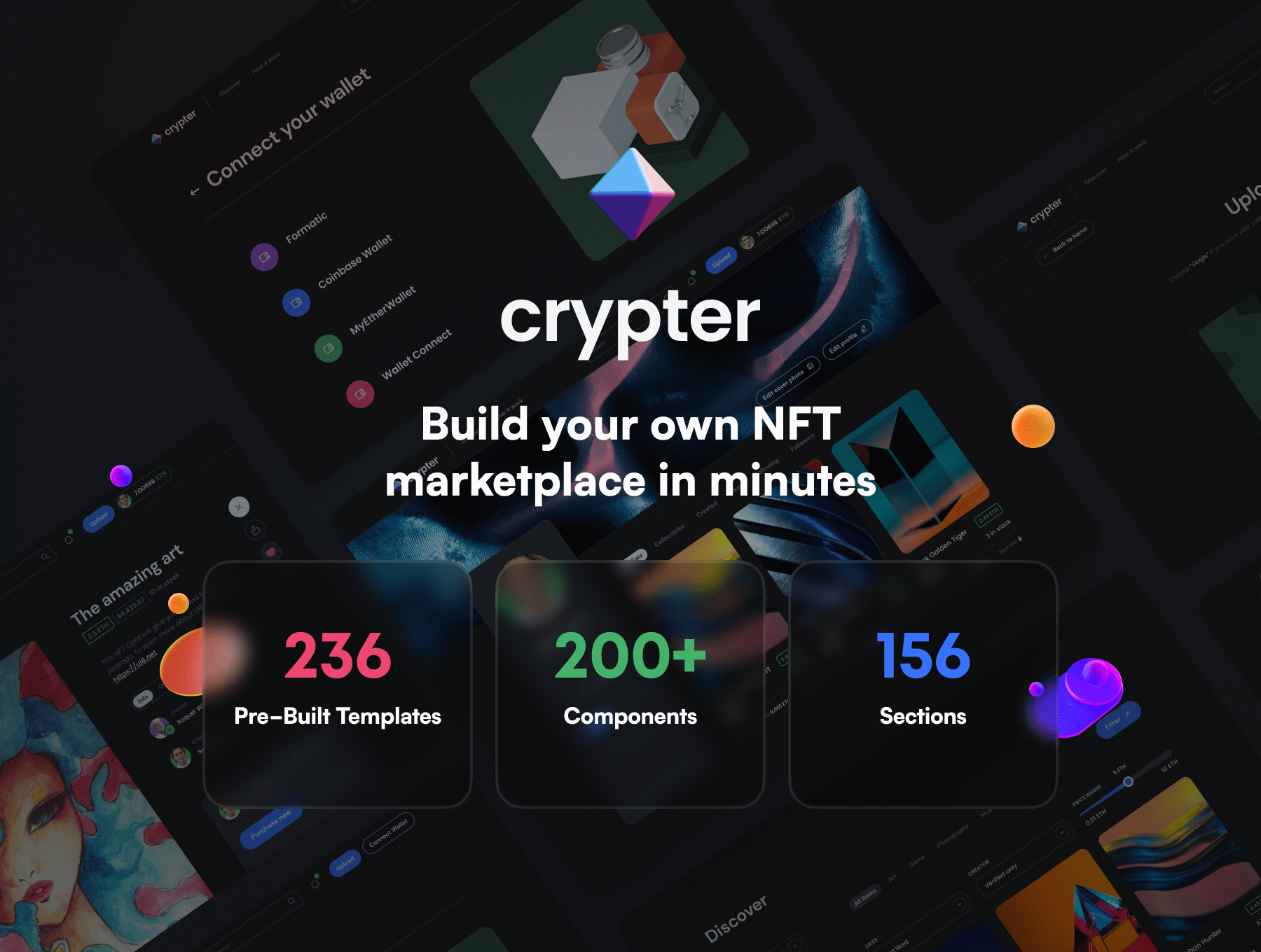 Crypter NFT市场UI工具包套件全功能+HTML CSS JS React 代码库 -