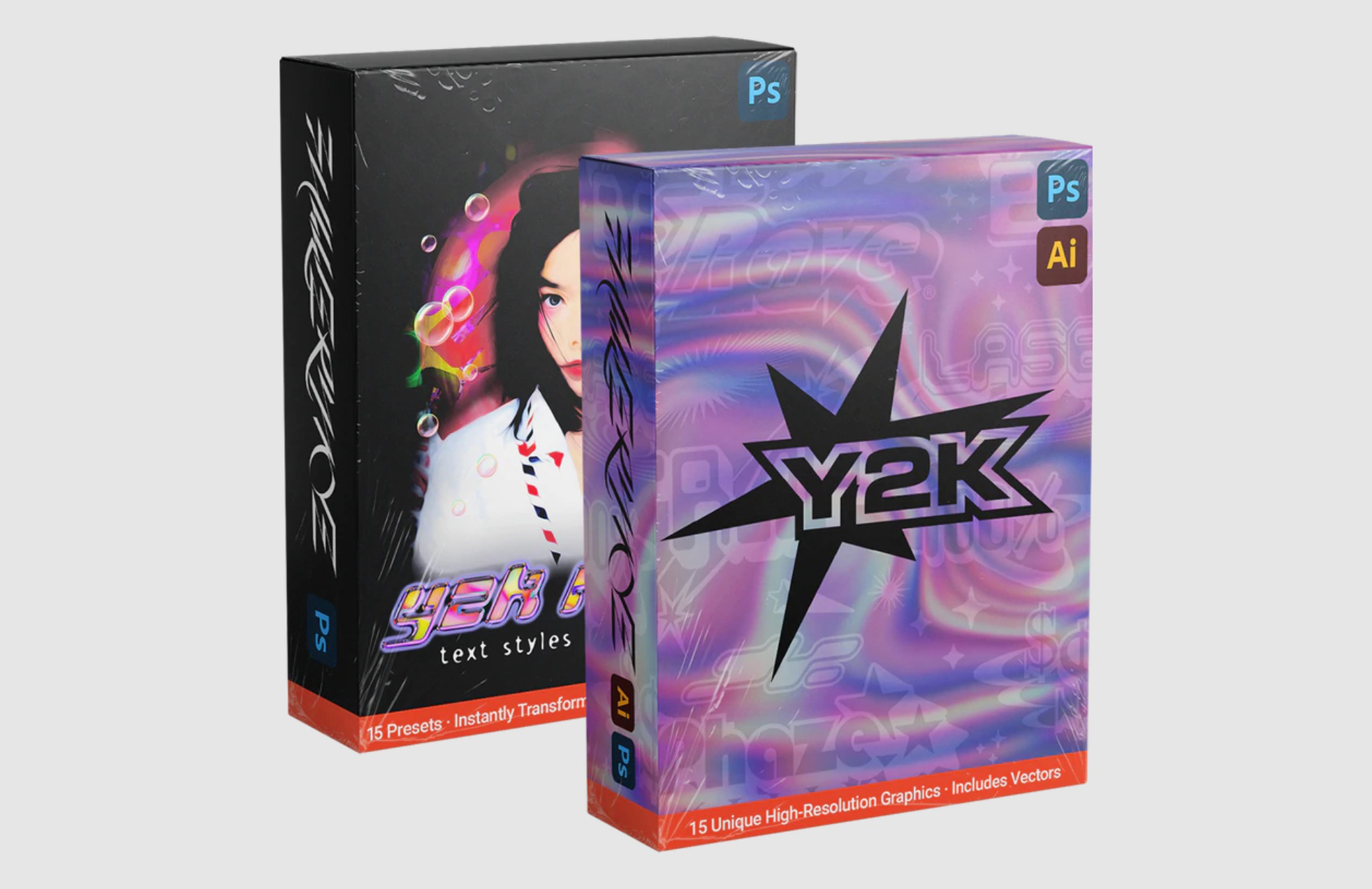 Y2K Elements Pack Vol. 1 15个彩虹色铬霓虹灯高强度和独特预设集合Rave文本样式包 -