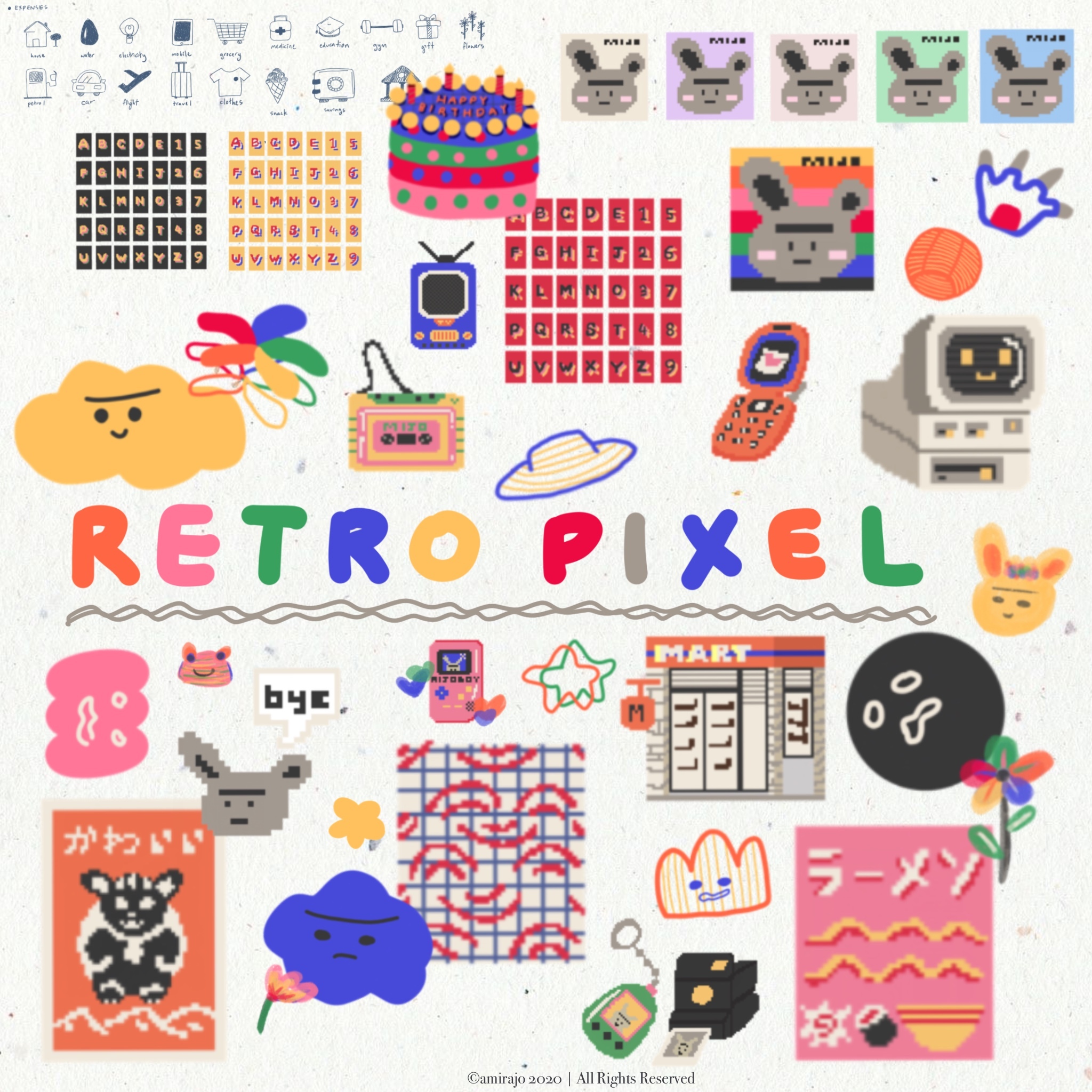 Retro Pixel 40 x PNG 复古像素艺术贴纸集合 -