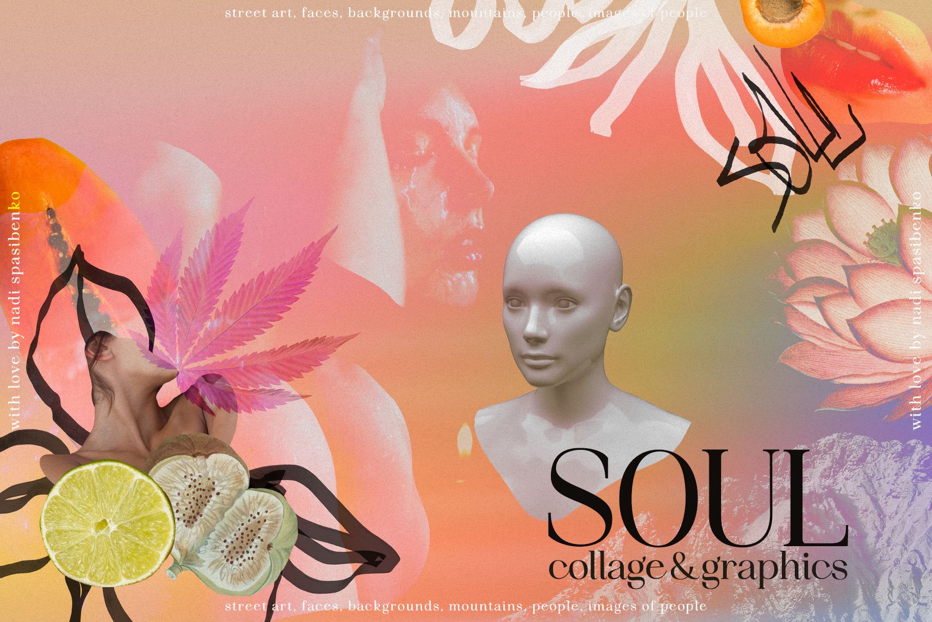 SOUL COLLAGE & GRAPHICS 山脉、玫瑰花、蝴蝶、水果、花、涂鸦、水果、树枝、身体部位元素拼贴和图形 -