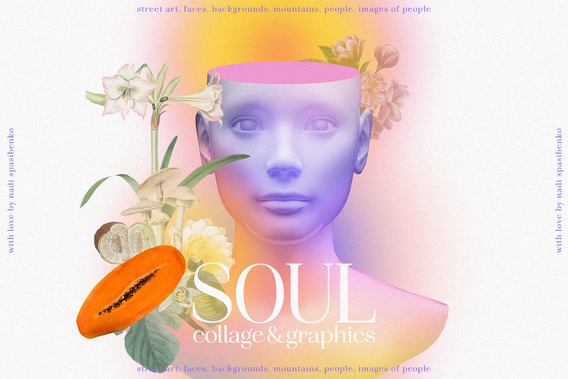 SOUL COLLAGE & GRAPHICS 山脉、玫瑰花、蝴蝶、水果、花、涂鸦、水果、树枝、身体部位元素拼贴和图形 -