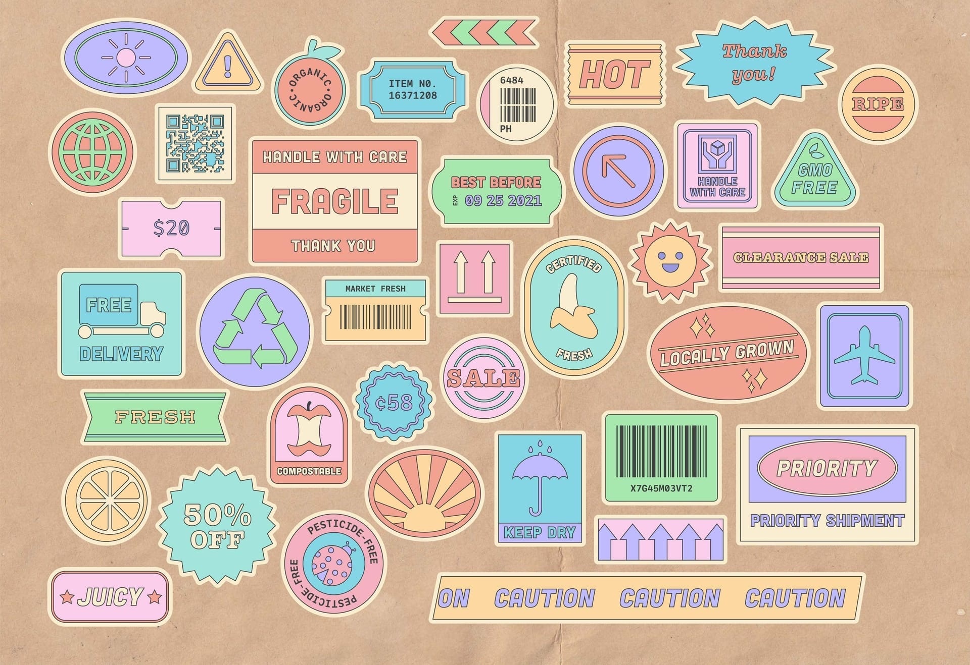 Pastel Produce-Package Sticker Pack  80个PNG、AI 包装贴纸包 -