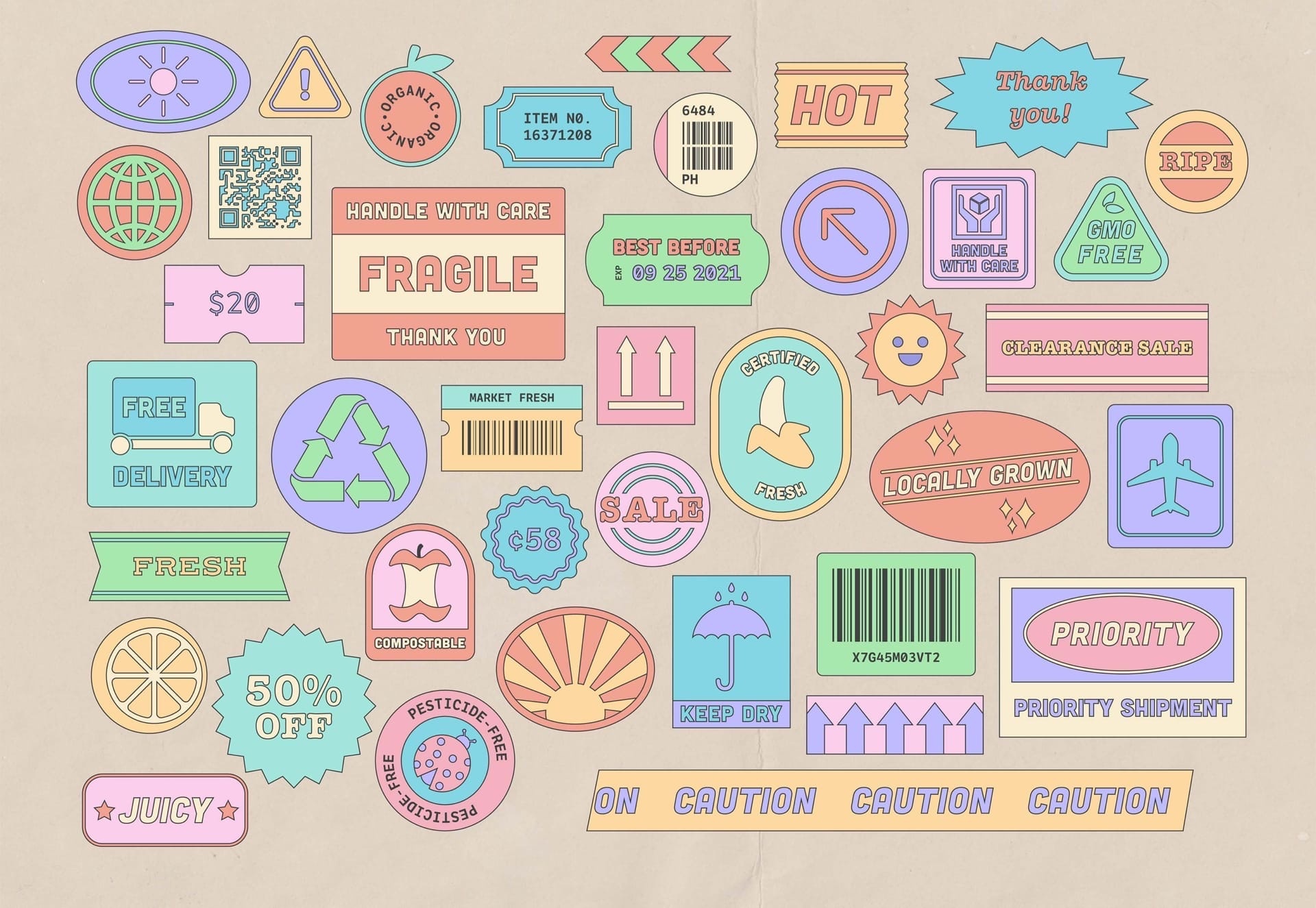 Pastel Produce-Package Sticker Pack  80个PNG、AI 包装贴纸包 -