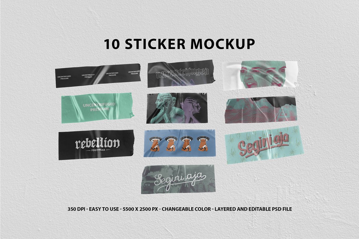 高分辨率艺术美学手工剪切做旧贴纸  10 Realistic Sticker Mockup（5308） -