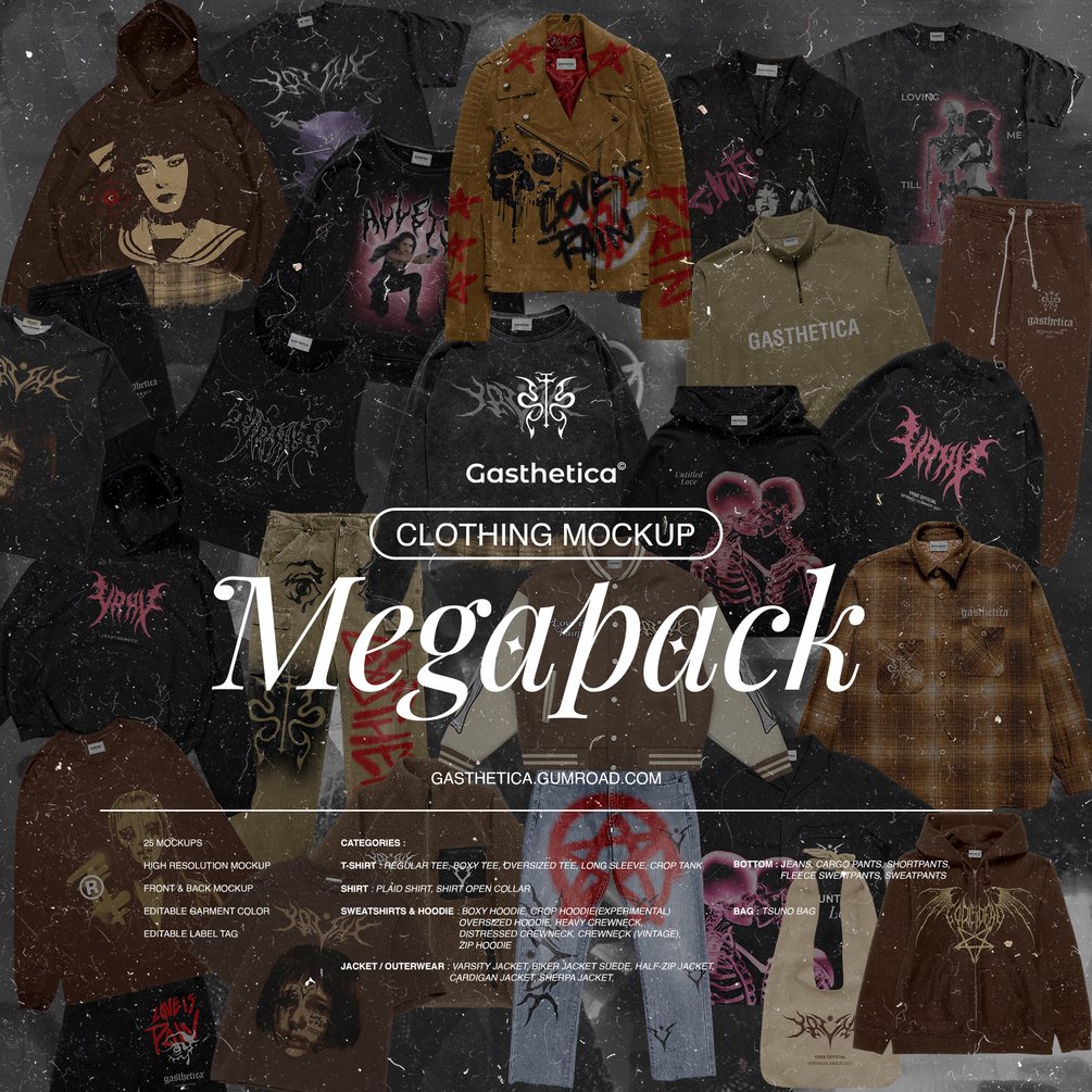 Gasthetica 高分辨率复古印花街头水洗质地服装PSD模型超级包 Clothing Mockup Megapack（6069） -