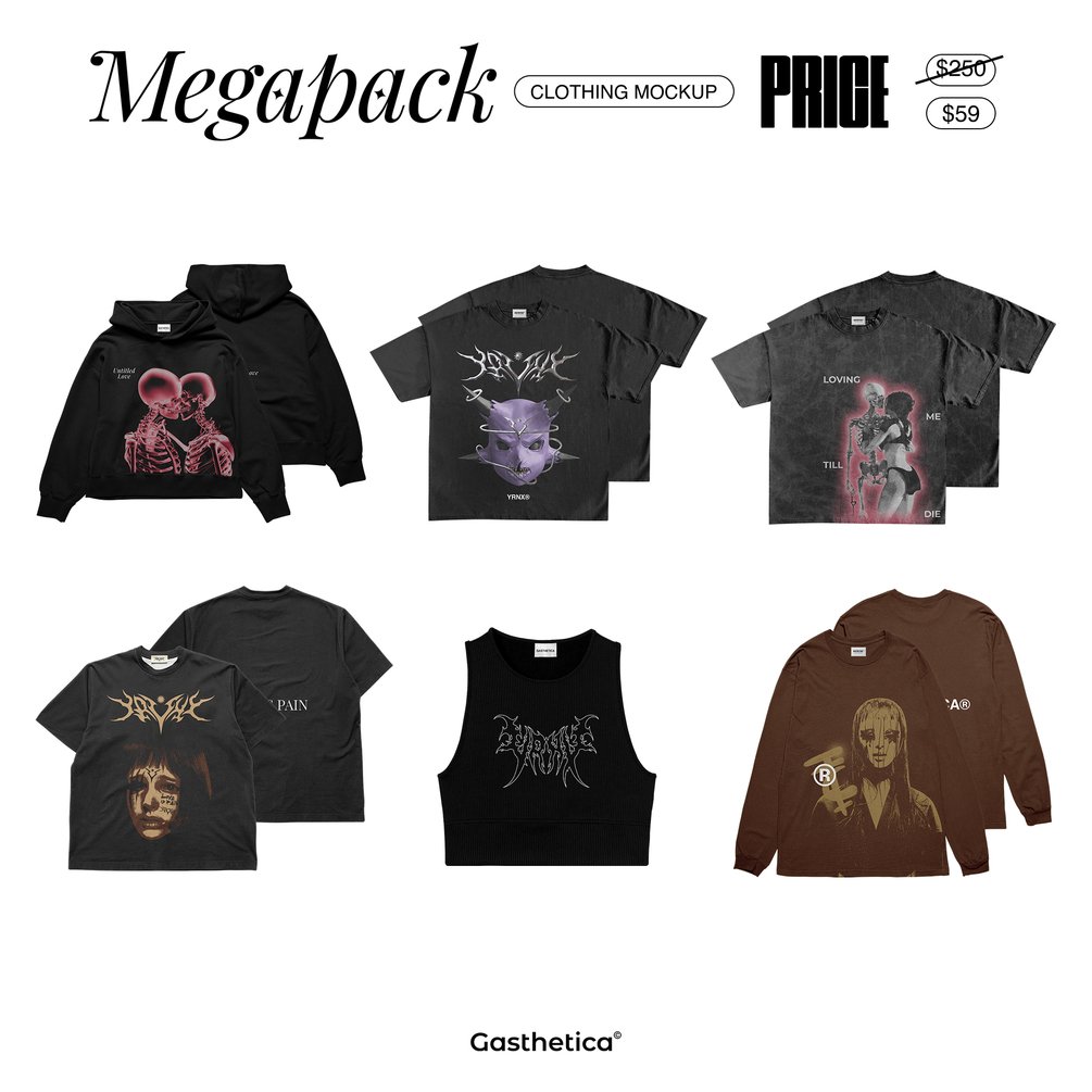 Gasthetica 高分辨率复古印花街头水洗质地服装PSD模型超级包 Clothing Mockup Megapack（6069） -