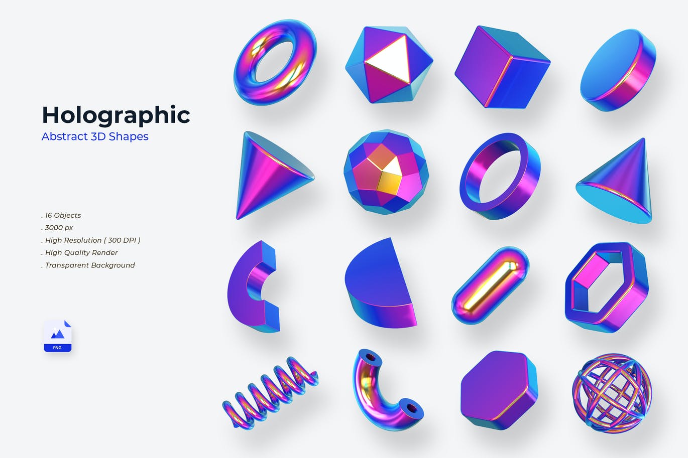 SYIFA 高分辨率全息3D渲染霓虹水晶形状PNG素材包Holographic 02（5121） -