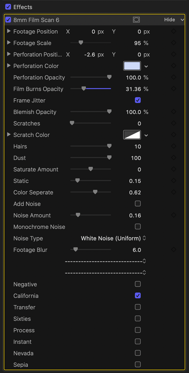 FCPX插件：复古柯达8mm胶片烧伤颗粒灰尘穿孔电影哑光包 Dirty Film Matte Pack (Super 8mm) - Final Cut Pro（5258） -