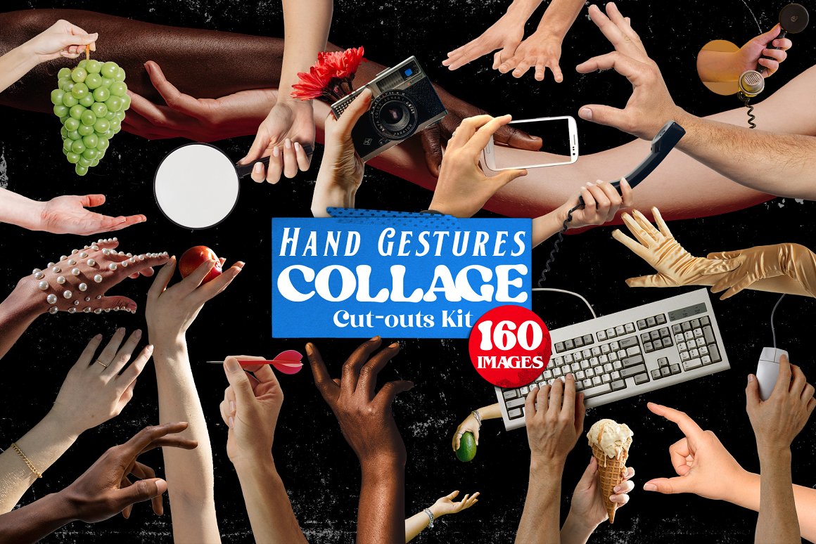 162个高品质复古手工拼贴剪纸不同手势镂空素材  Hand Gestures Collage Cut-Outs Kit（5287） -