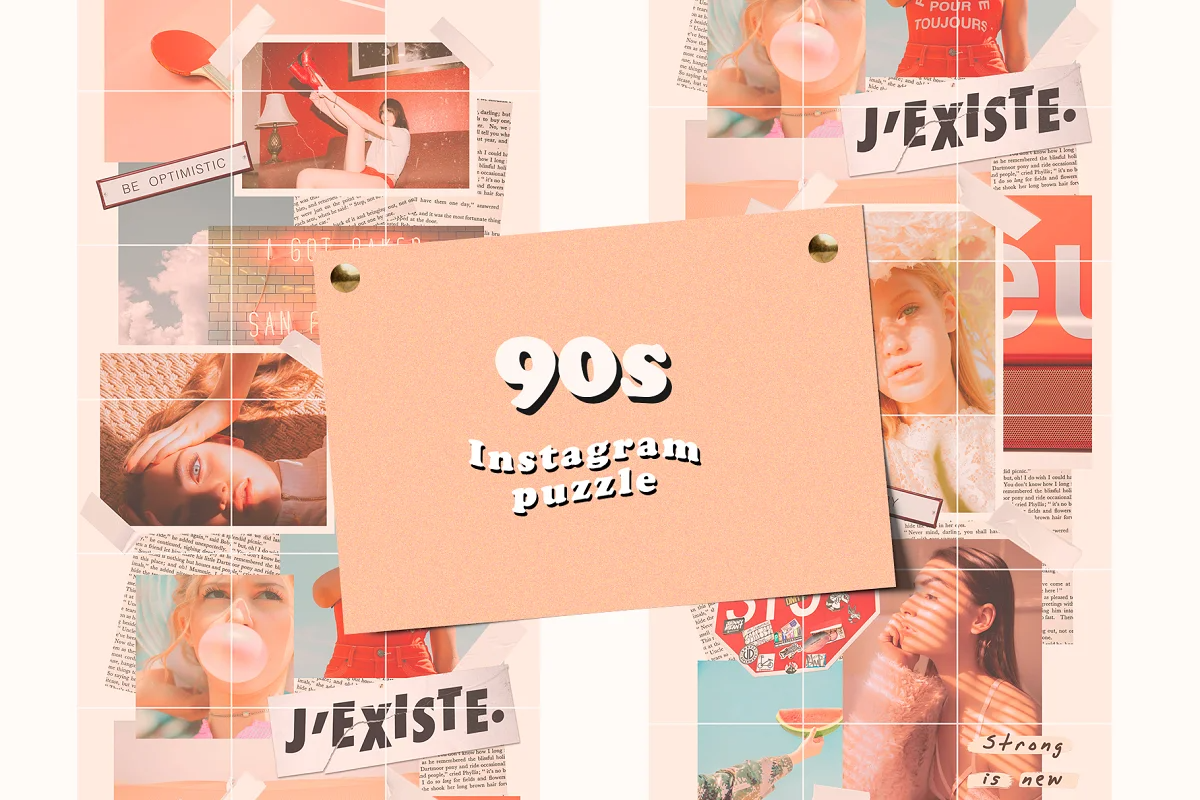 90年代复古风潮怀旧管道胶带装饰元素Instagram 拼图模板 90s Instagram Puzzle Template（4089） -