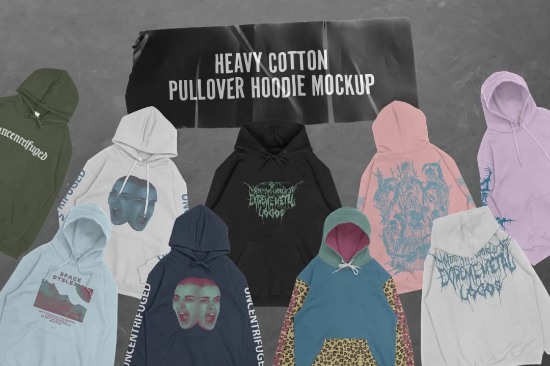 高分辨率逼真新潮嘻哈重棉套头衫连帽衫PSD模型 Heavy Cotton Pullover Hoodie Mockup（5117） -