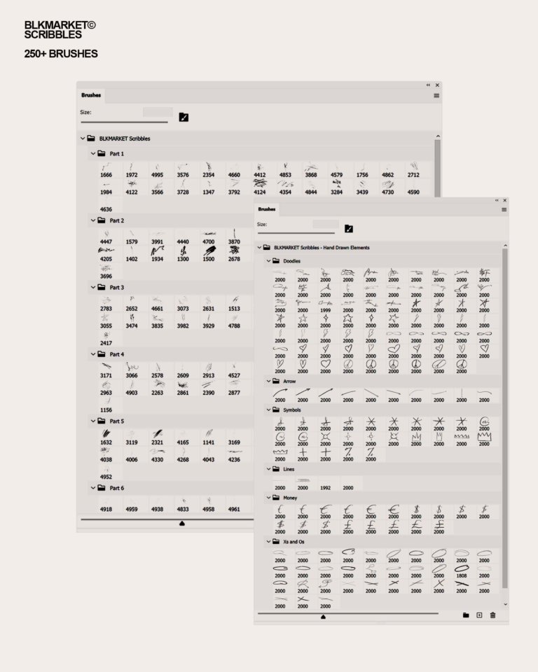 BLKMARKET 250个新潮高分辨率手绘涂鸦画笔PNG素材纹理+笔刷 Scribbles（5021） -