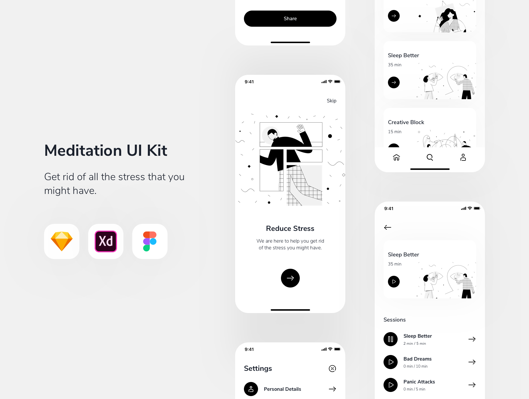 15+冥想深色品牌元素APP UI Relax.io 1.0 - Meditation App UI Kit（3062） -