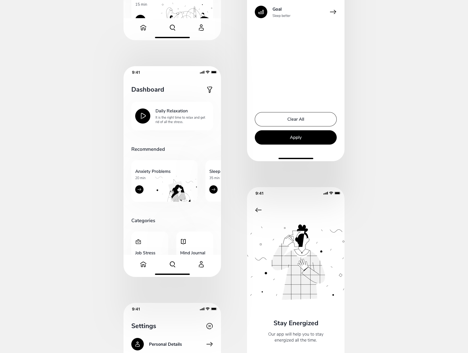 15+冥想深色品牌元素APP UI Relax.io 1.0 - Meditation App UI Kit（3062） -