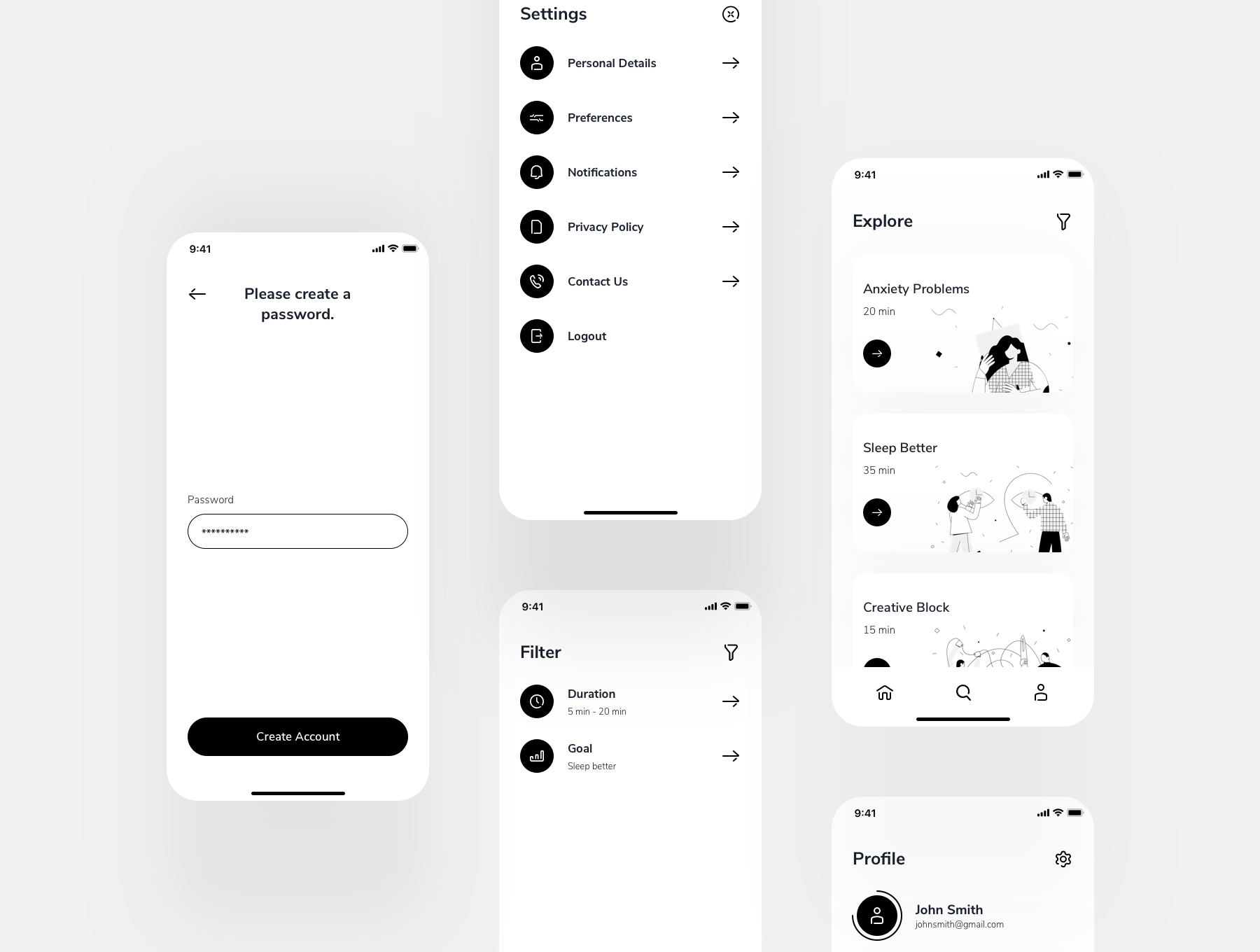 15+冥想深色品牌元素APP UI Relax.io 1.0 - Meditation App UI Kit（3062） -