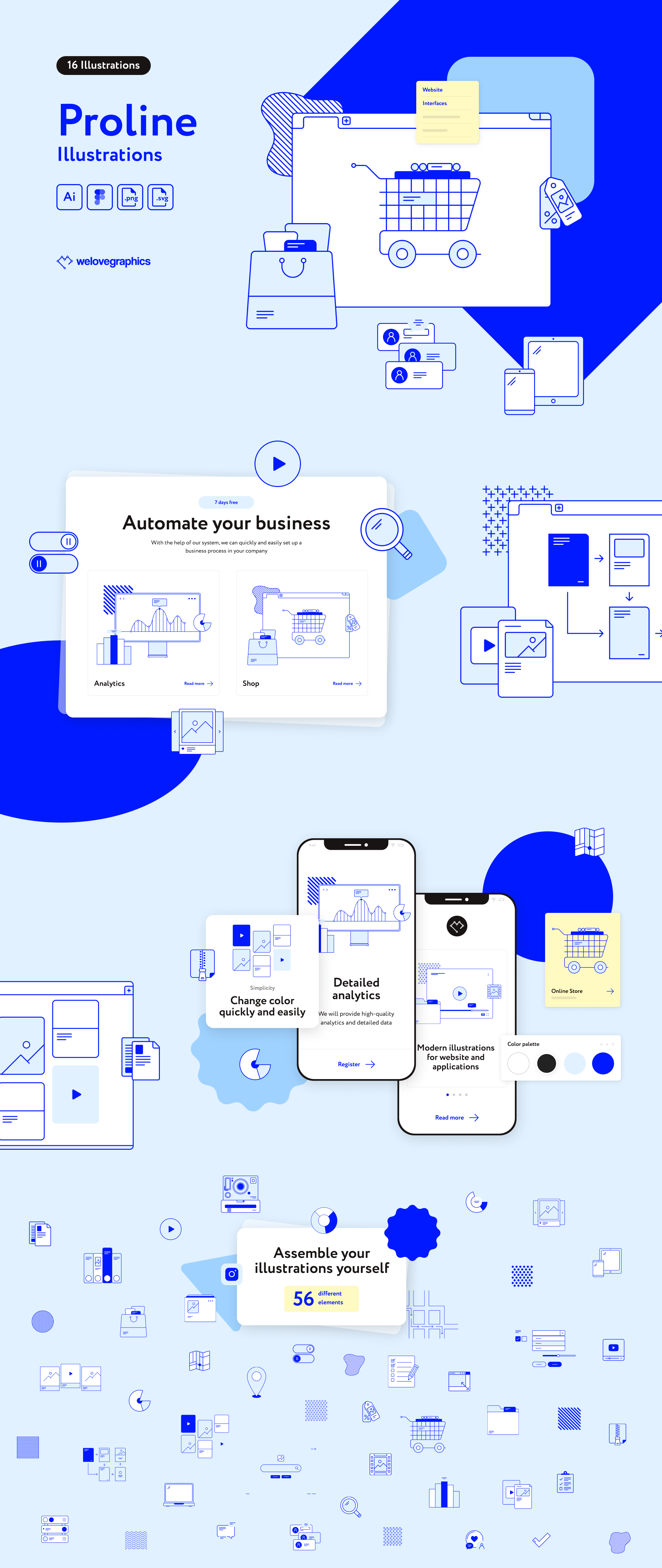 15个线性插图+56个元素网站演示文稿和应用程序插图 Proline Illustrations （3720） -