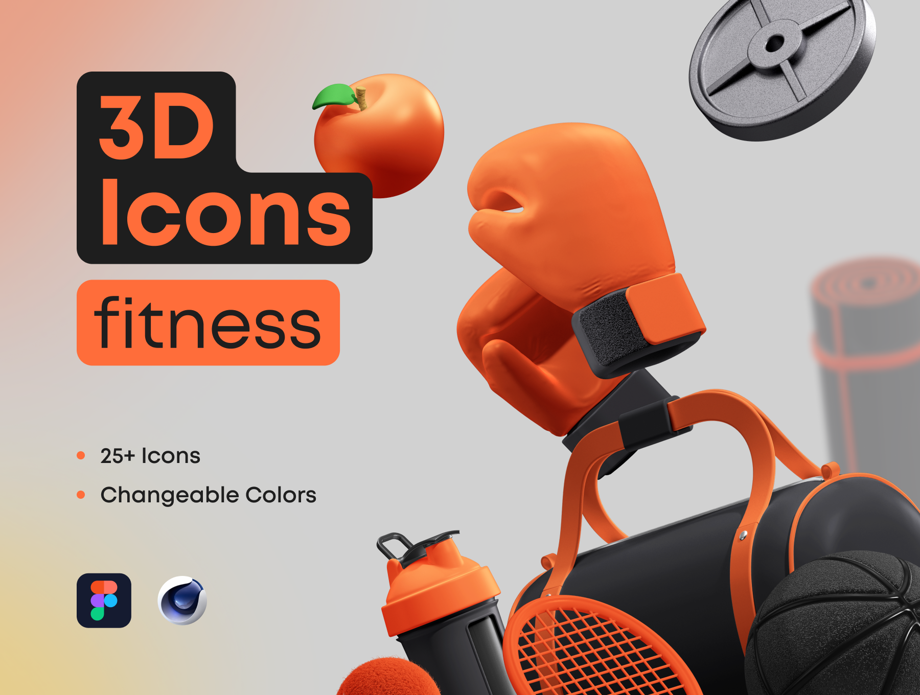 3D健身网站应用程序游戏演示文稿自定义的图标元素 3D Icons Pack - Fitness（3741） -