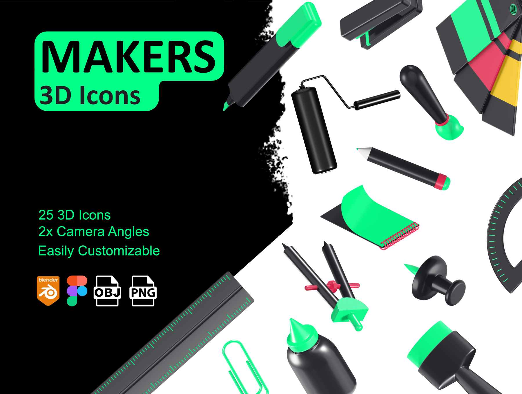 25套高分辨率可编辑Figma创意3D办公用品图标集合  Makers - 3D Icons（3742） -