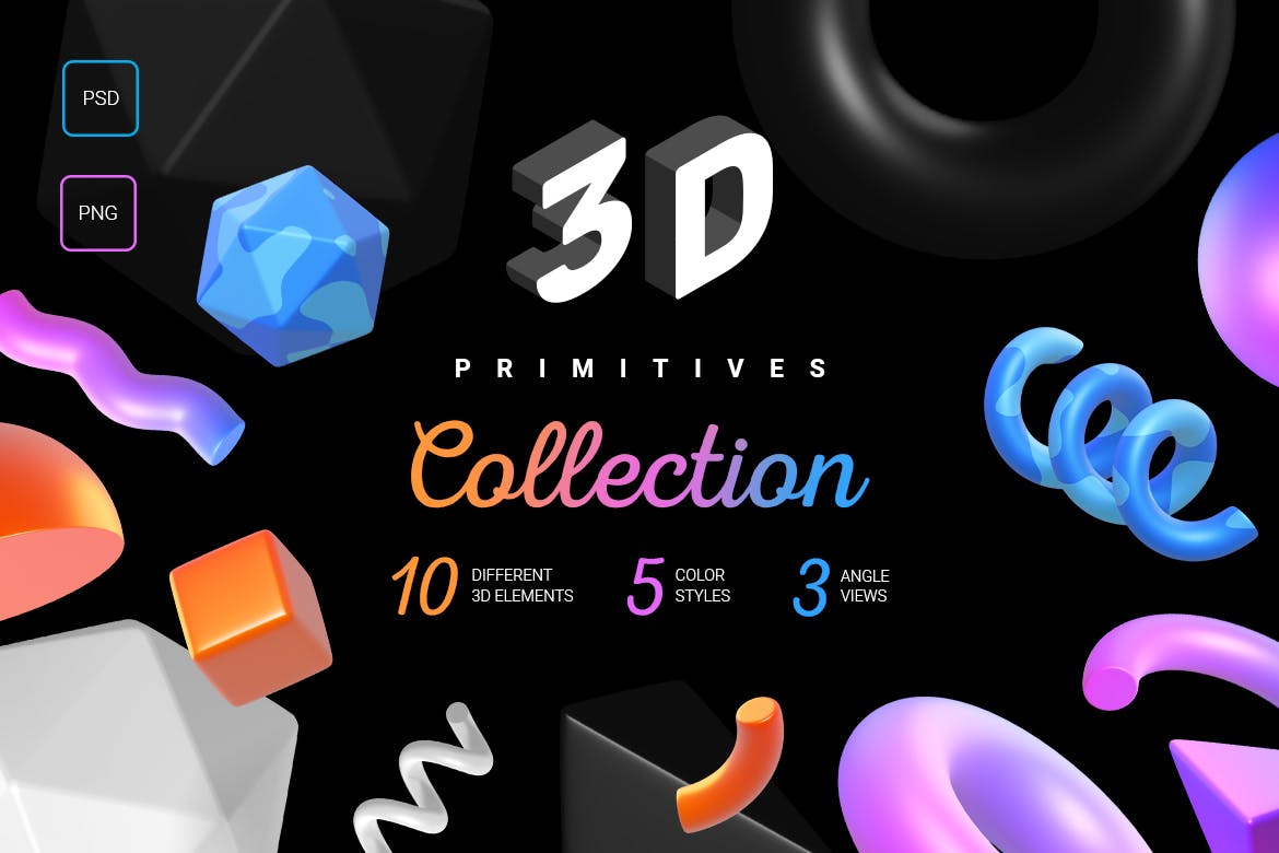 3d抽象多彩形状图标套件 Wowomnom - 3d primitives collection（3754） -