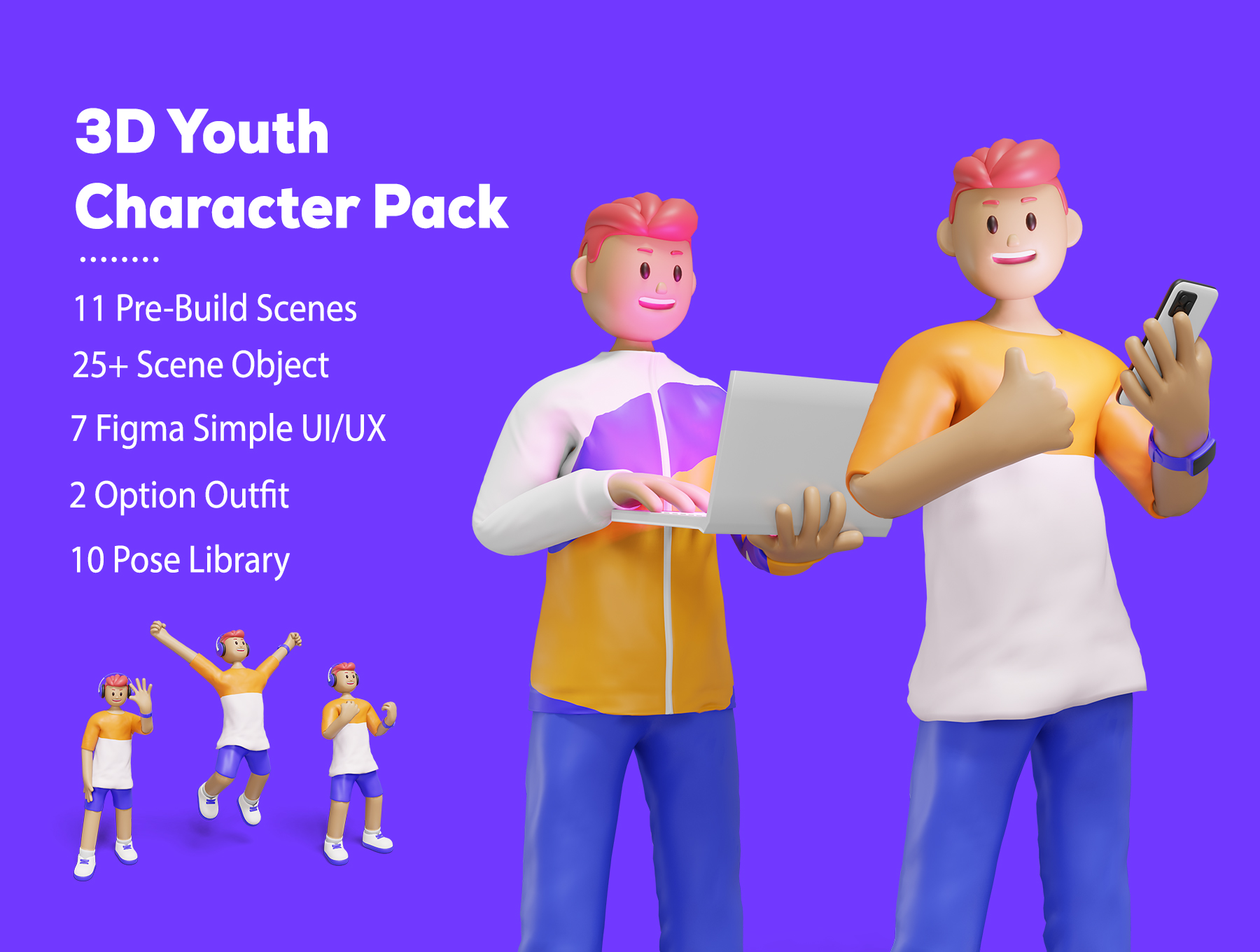 潮流3D高质量渲染青年角色人物场景Web插图包  3D Web Illustration - Youth Character Pack（3782） -