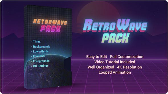 90年代复古潮流标题盒式磁带霓虹灯栏目包装背景AE模板素材 Retro Wave Pack（3847） -