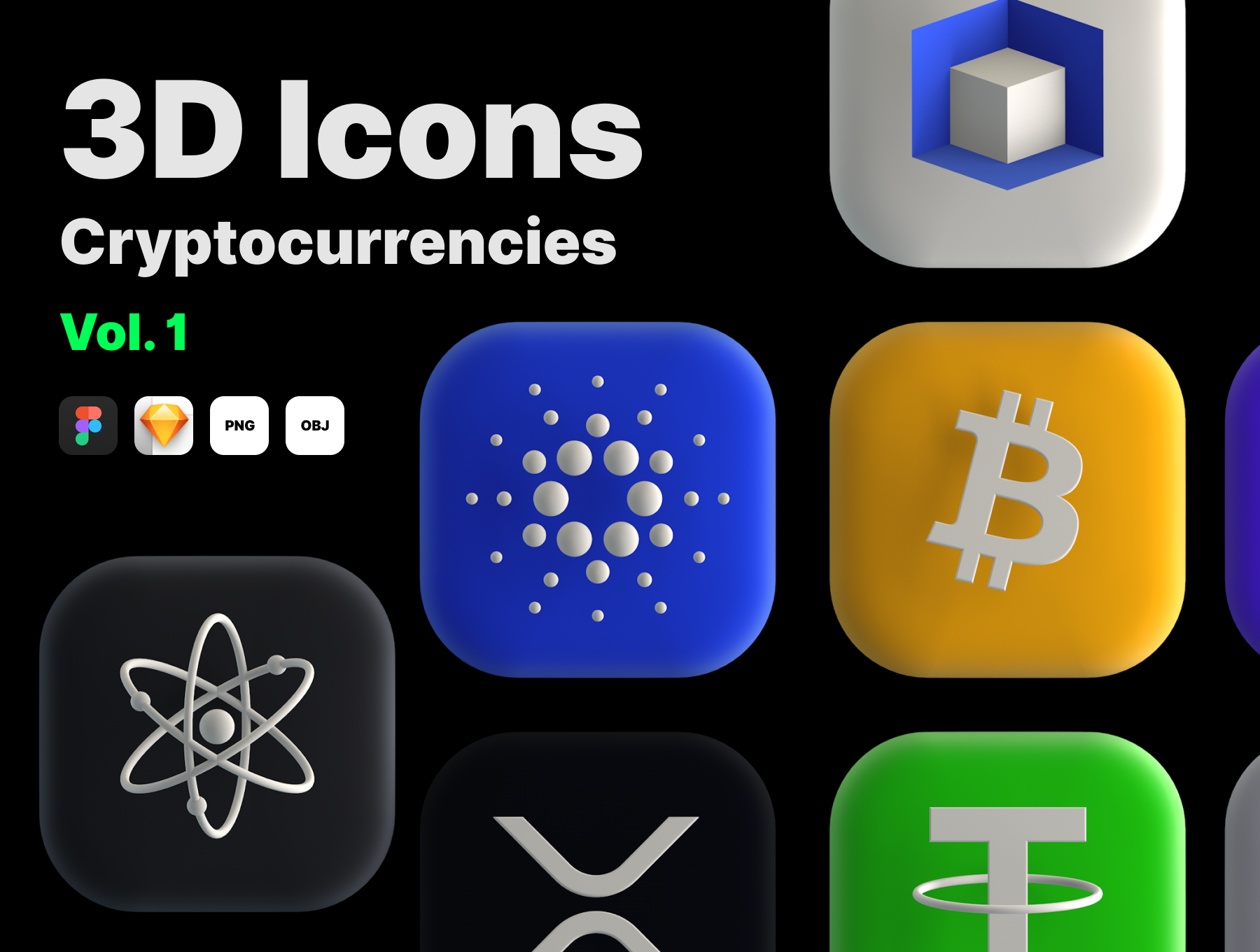 3D高分辨率金融数字币领域图标套件 3D Icons Cryptocurrencies Vol. 1（3872） -