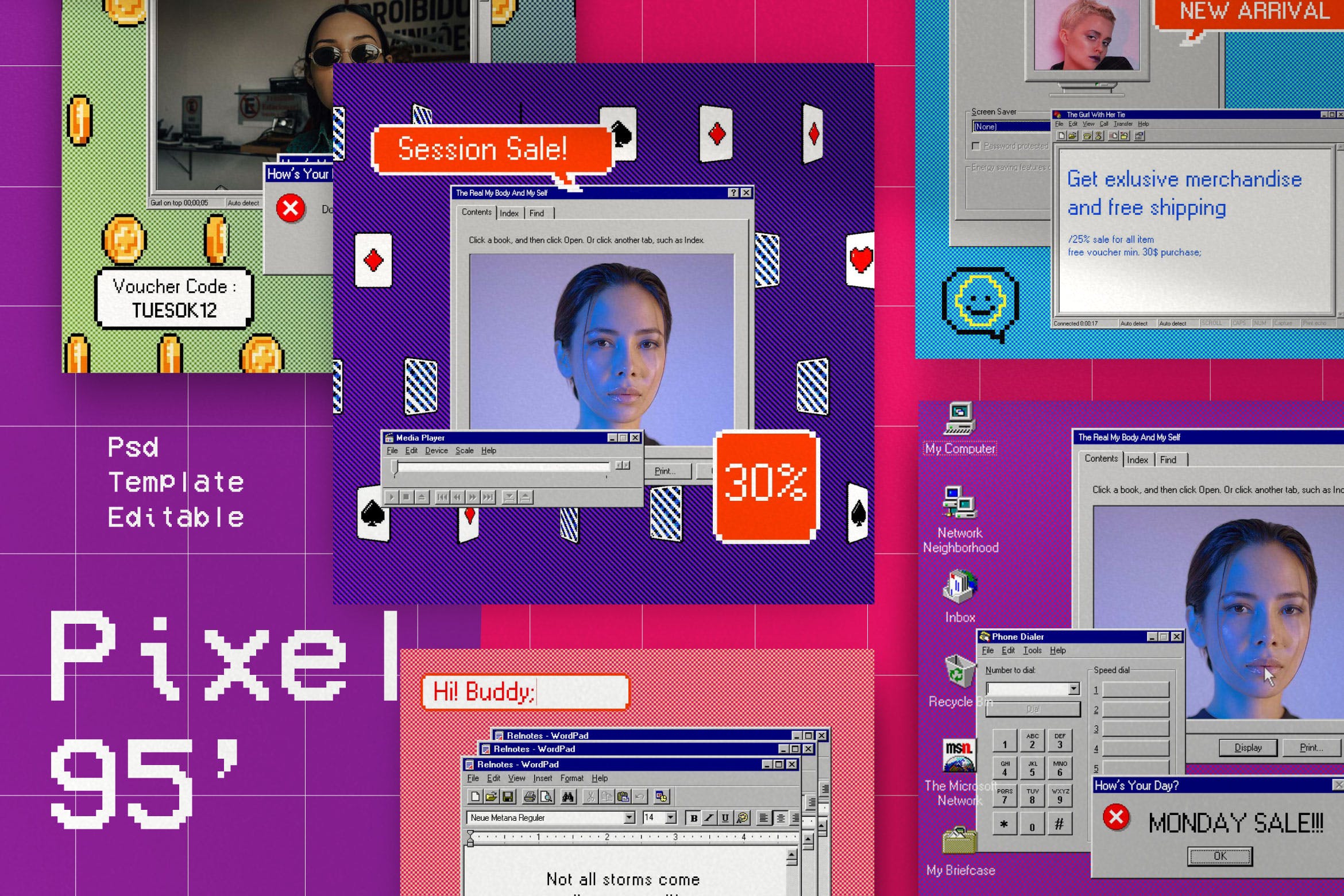 潮流复古Win95元素毛刺纹理贴纸像素化可编辑PSD模板 Pixel 95 - Insta Story &#038; Post Social Media（3874） -