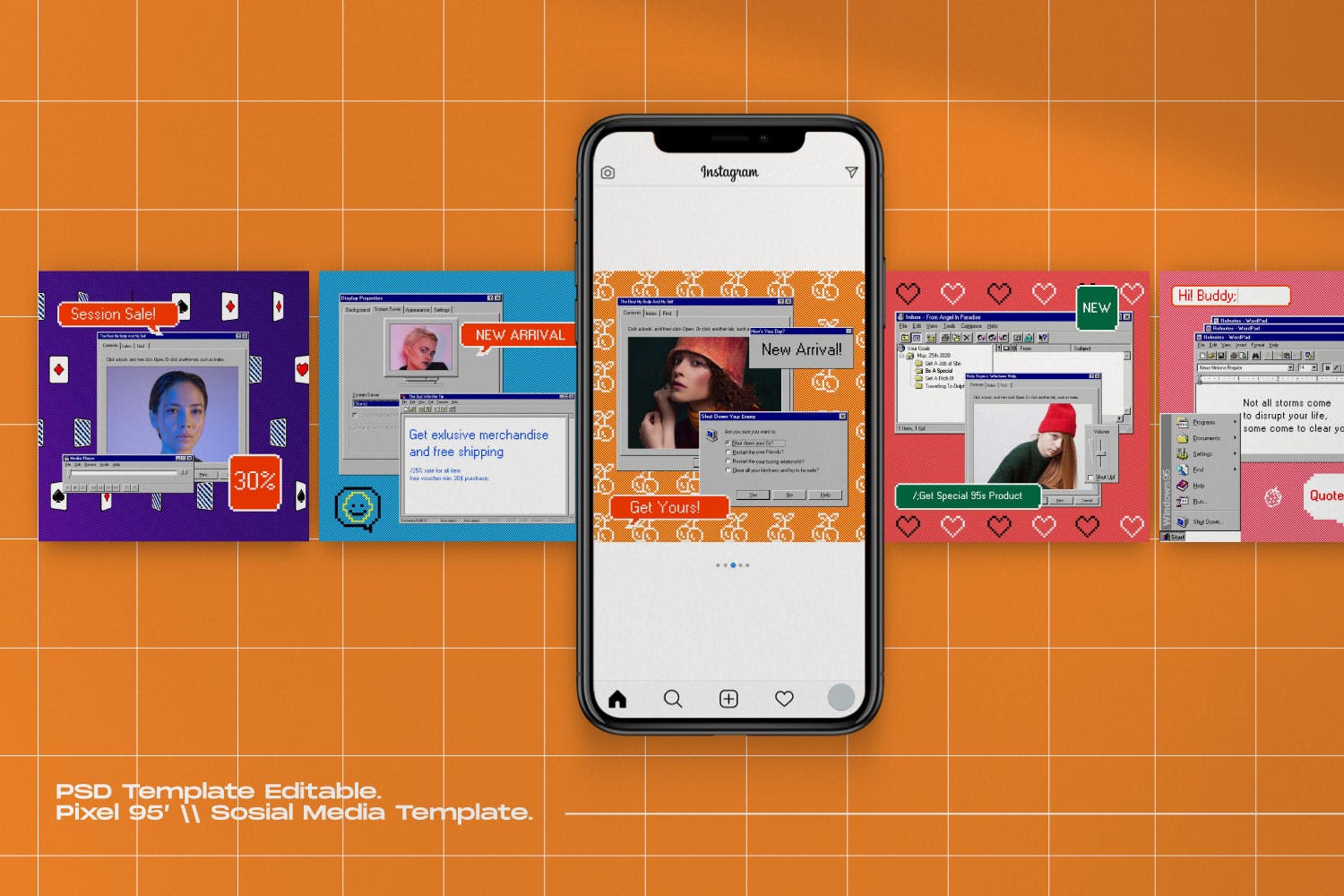 潮流复古Win95元素毛刺纹理贴纸像素化可编辑PSD模板 Pixel 95 - Insta Story &#038; Post Social Media（3874） -