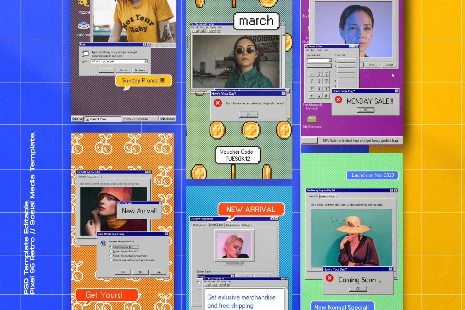 潮流复古Win95元素毛刺纹理贴纸像素化可编辑PSD模板 Pixel 95 - Insta Story &#038; Post Social Media（3874） -