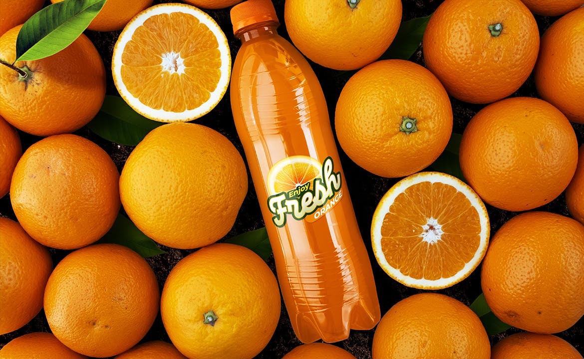 橙色汽水瓶样机 Mockup de botella de soda de naranja（3943） -