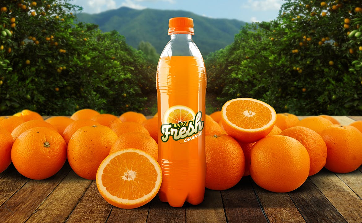 橙色汽水瓶样机 Mockup de botella de soda de naranja（3943） -