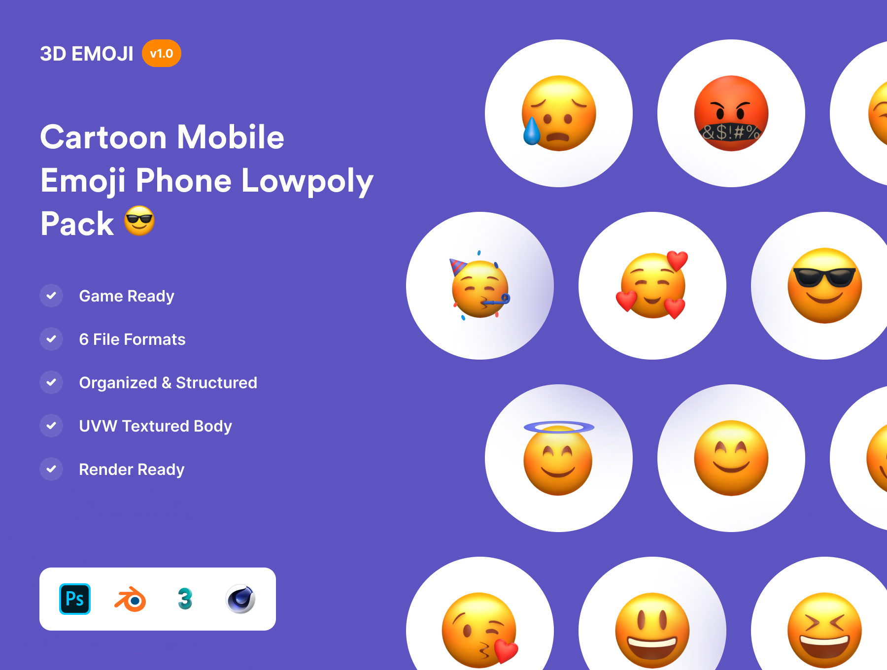 70个卡通手机表情符号Lowpoly套件包 Cartoon Mobile Emoji Phone Pack（3947） -