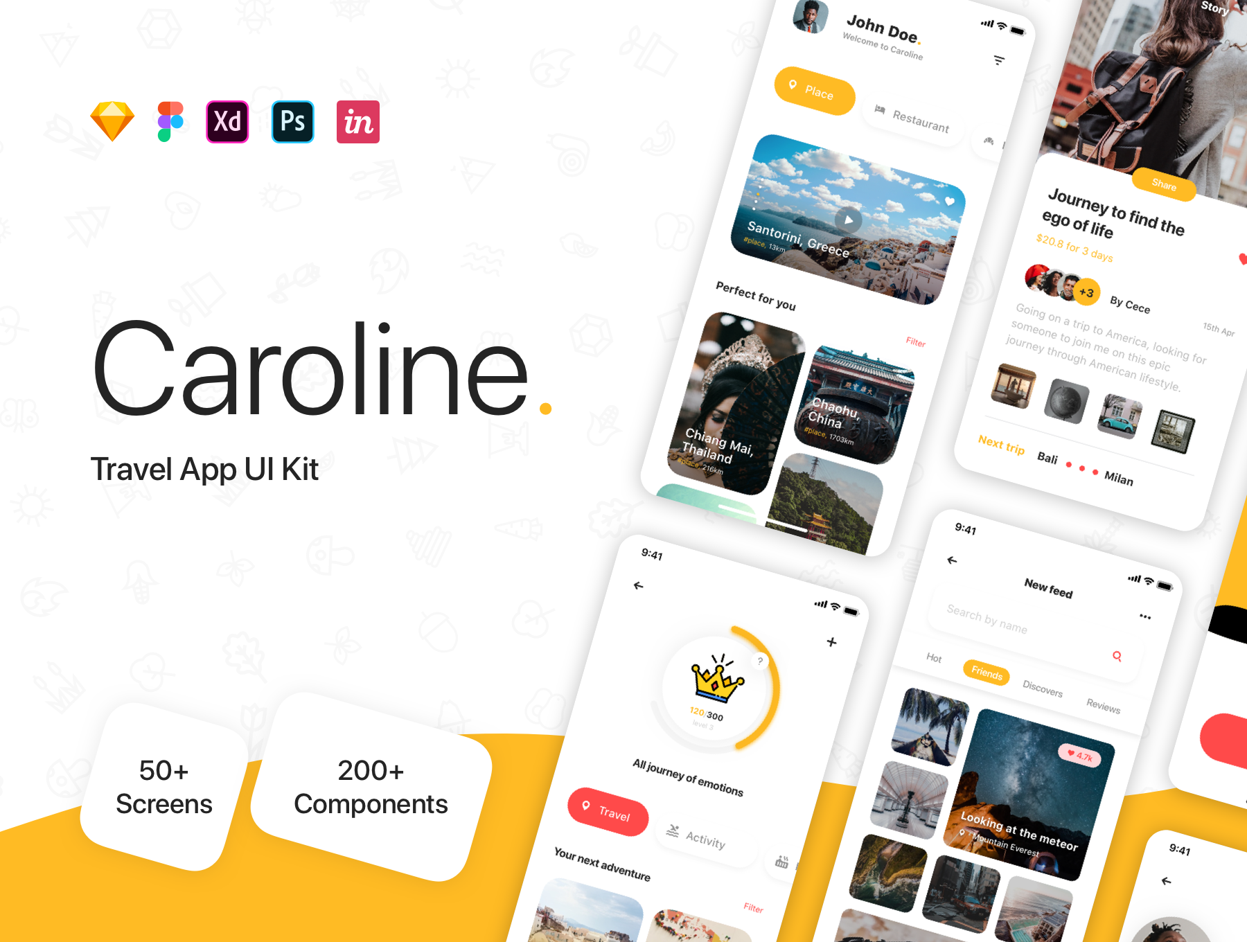 50多个屏幕的软件UI套件 Caroline-Travel App UI Kit（3328） -