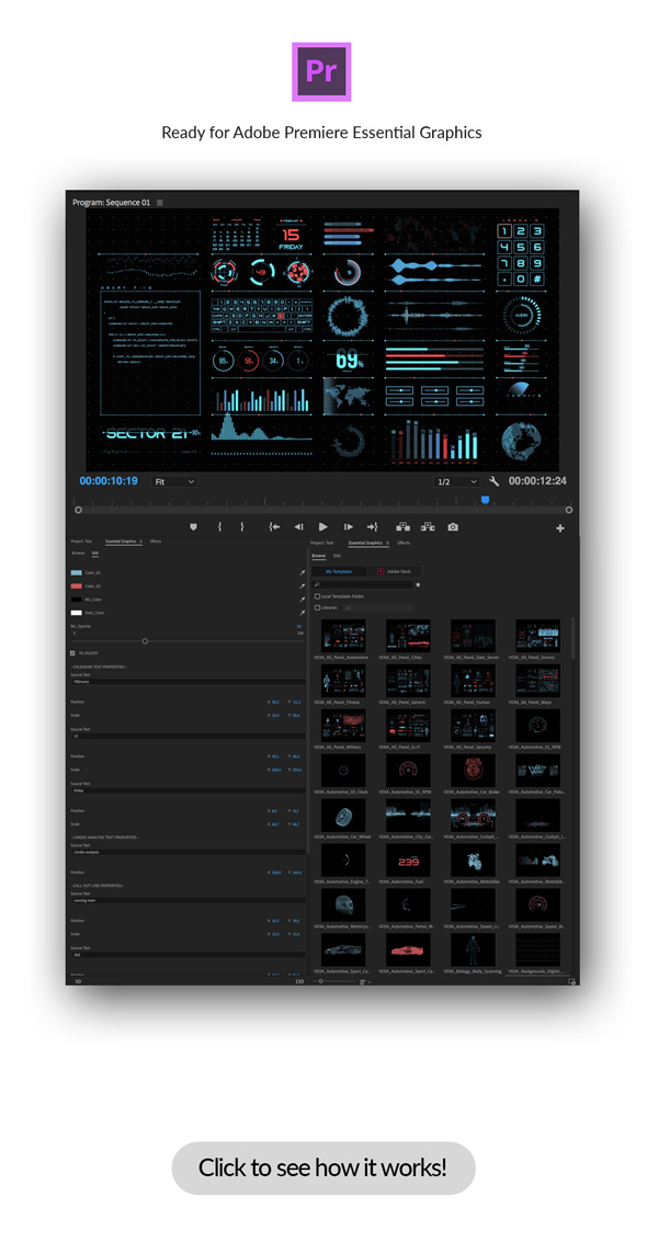 PR模板-380个未来数字科技HUD图形元素动画包 Vexa HUD Infographics Essential Graphics（3401） -