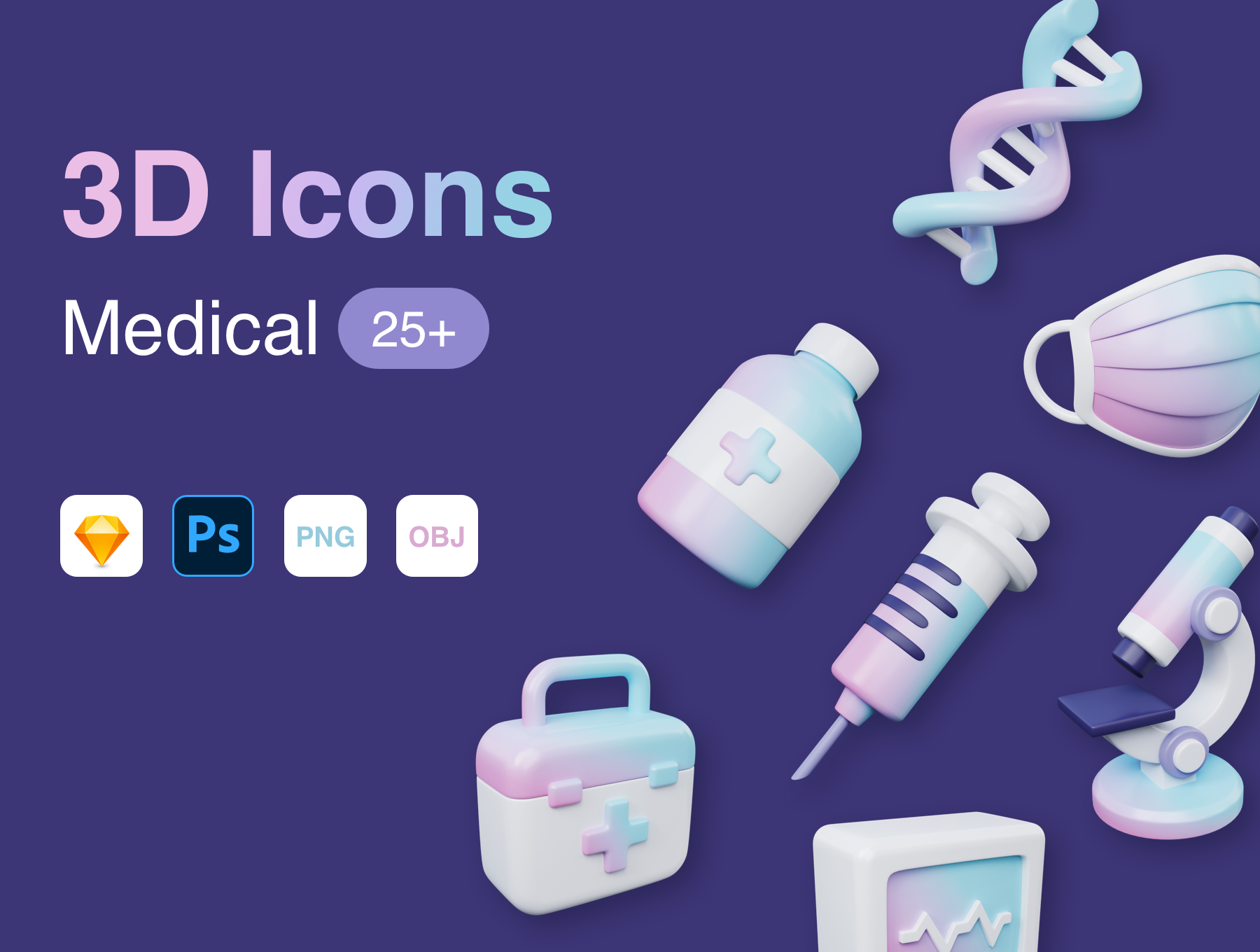 25+独特完全分层医疗图标白色彩色元素 OBJ，PSD，素描，PNG 3D Medical Icons（3529） -