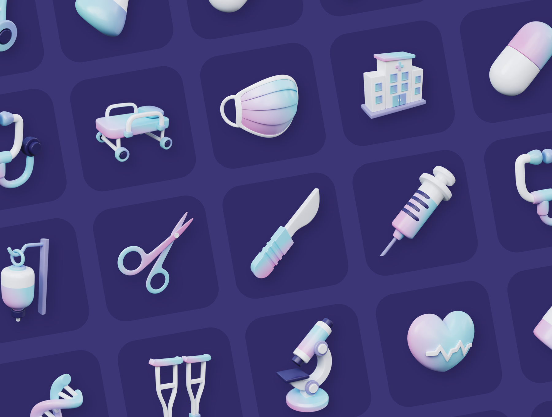 25+独特完全分层医疗图标白色彩色元素 OBJ，PSD，素描，PNG 3D Medical Icons（3529） -