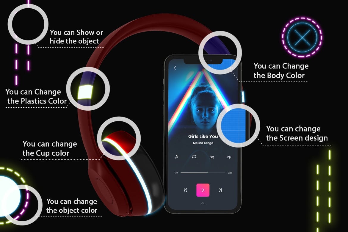 霓虹灯设计风格iPhone手机音乐APP应用UI设计图样机（2669） -