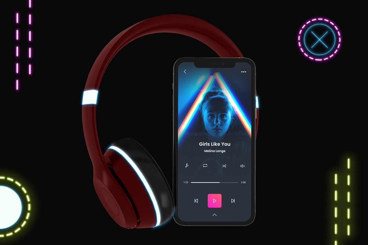 霓虹灯设计风格iPhone手机音乐APP应用UI设计图样机（2669） -