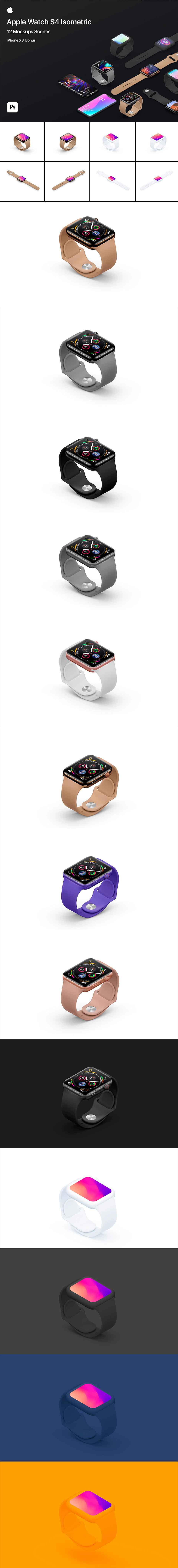 Apple Watch S4 12 高品质2.5D视角样机下载 [PSD]（2022） -