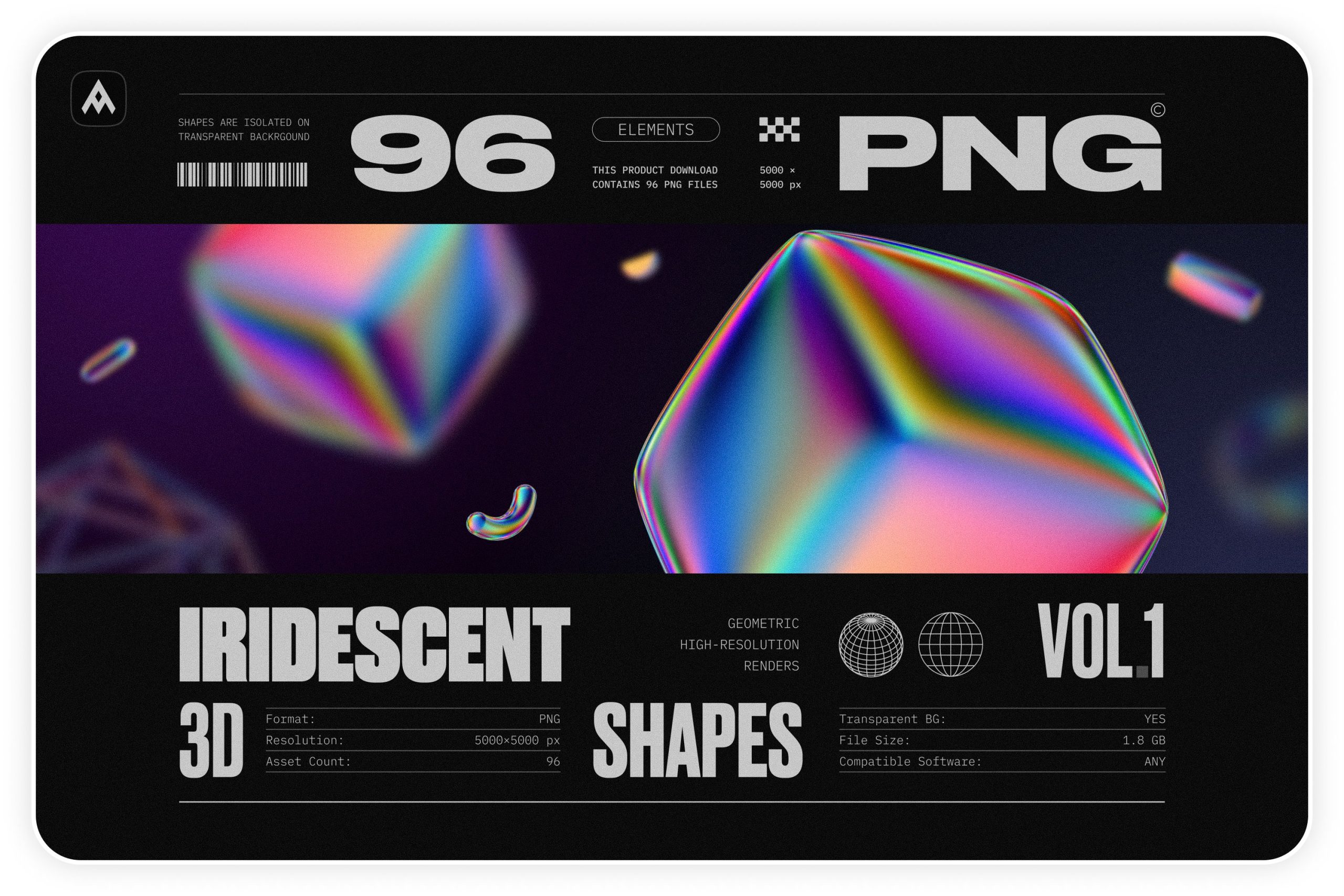 Iridescent geometric 3D shapes VOL.1 - 96个高分辨率彩虹渐变色几何 3D形状渲染 -