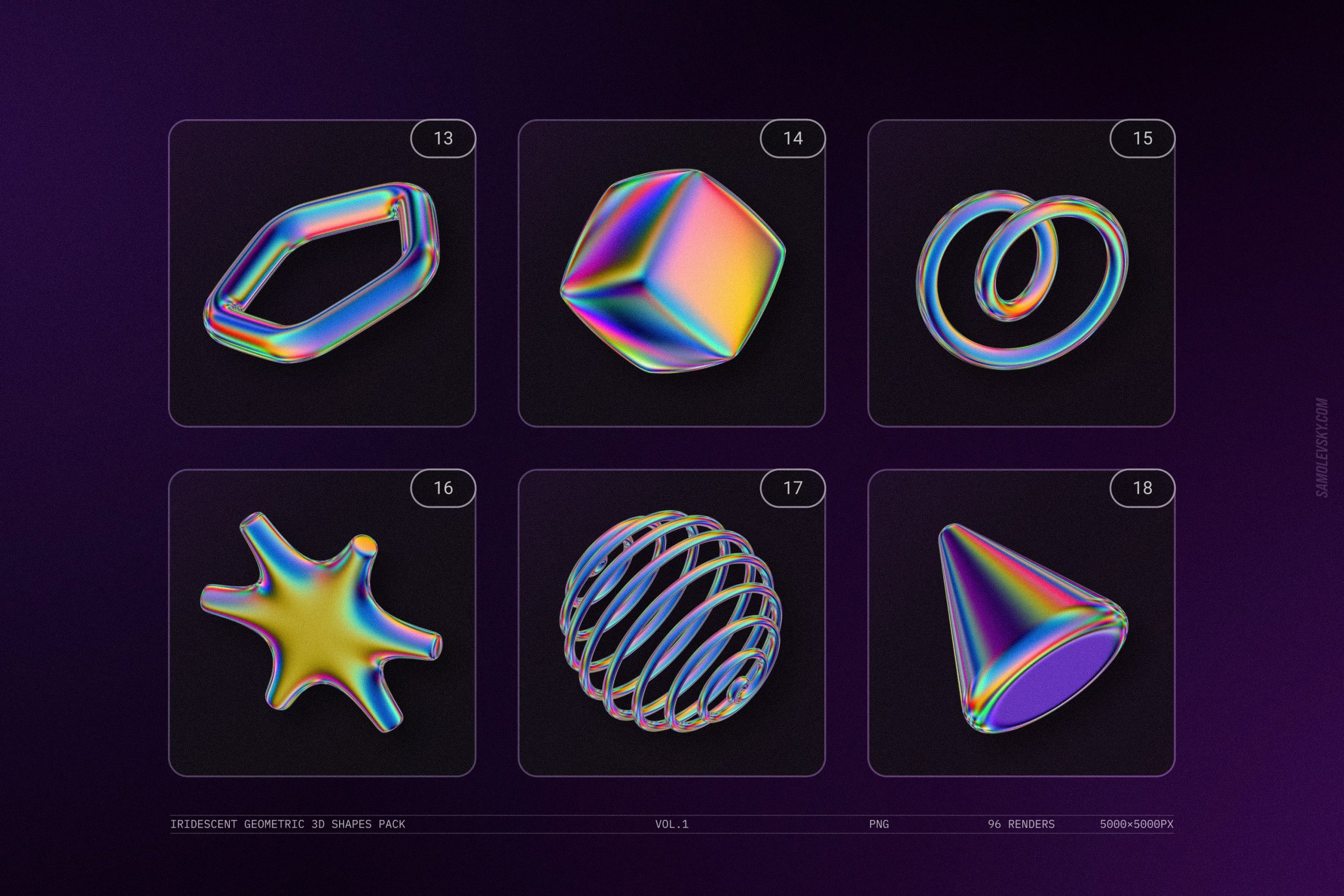 Iridescent geometric 3D shapes VOL.1 - 96个高分辨率彩虹渐变色几何 3D形状渲染 -