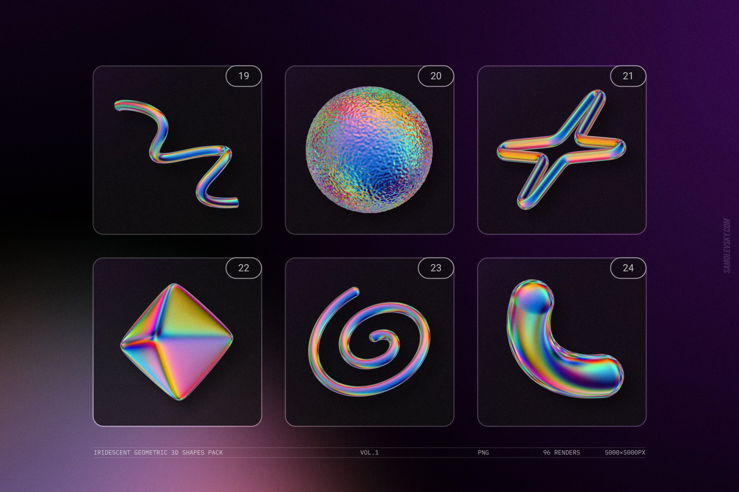 Iridescent geometric 3D shapes VOL.1 - 96个高分辨率彩虹渐变色几何 3D形状渲染 -