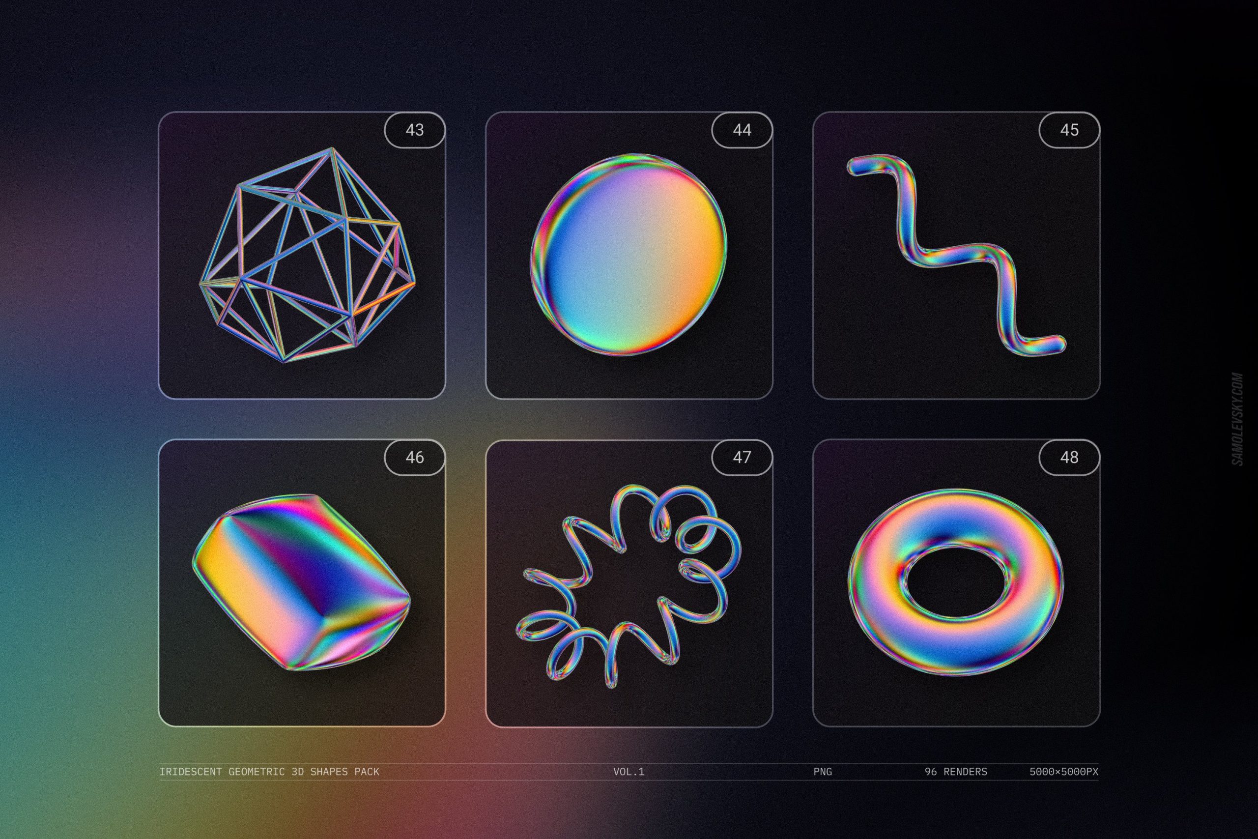 Iridescent geometric 3D shapes VOL.1 - 96个高分辨率彩虹渐变色几何 3D形状渲染 -