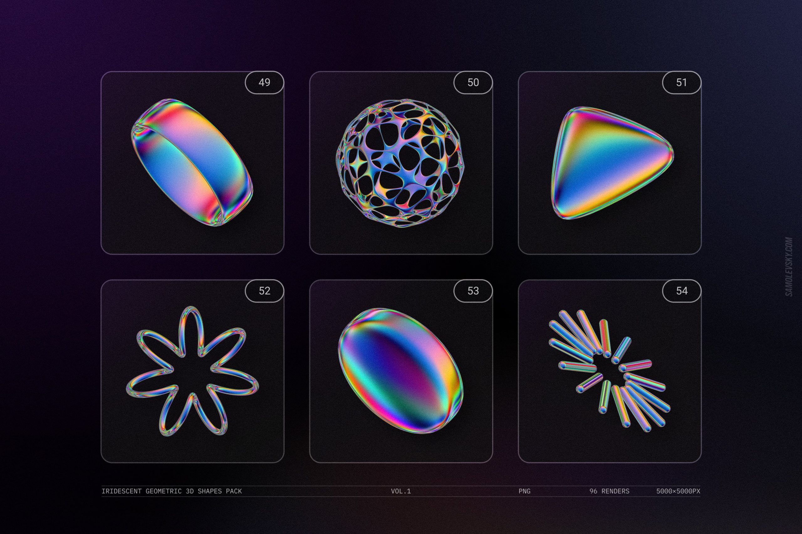 Iridescent geometric 3D shapes VOL.1 - 96个高分辨率彩虹渐变色几何 3D形状渲染 -