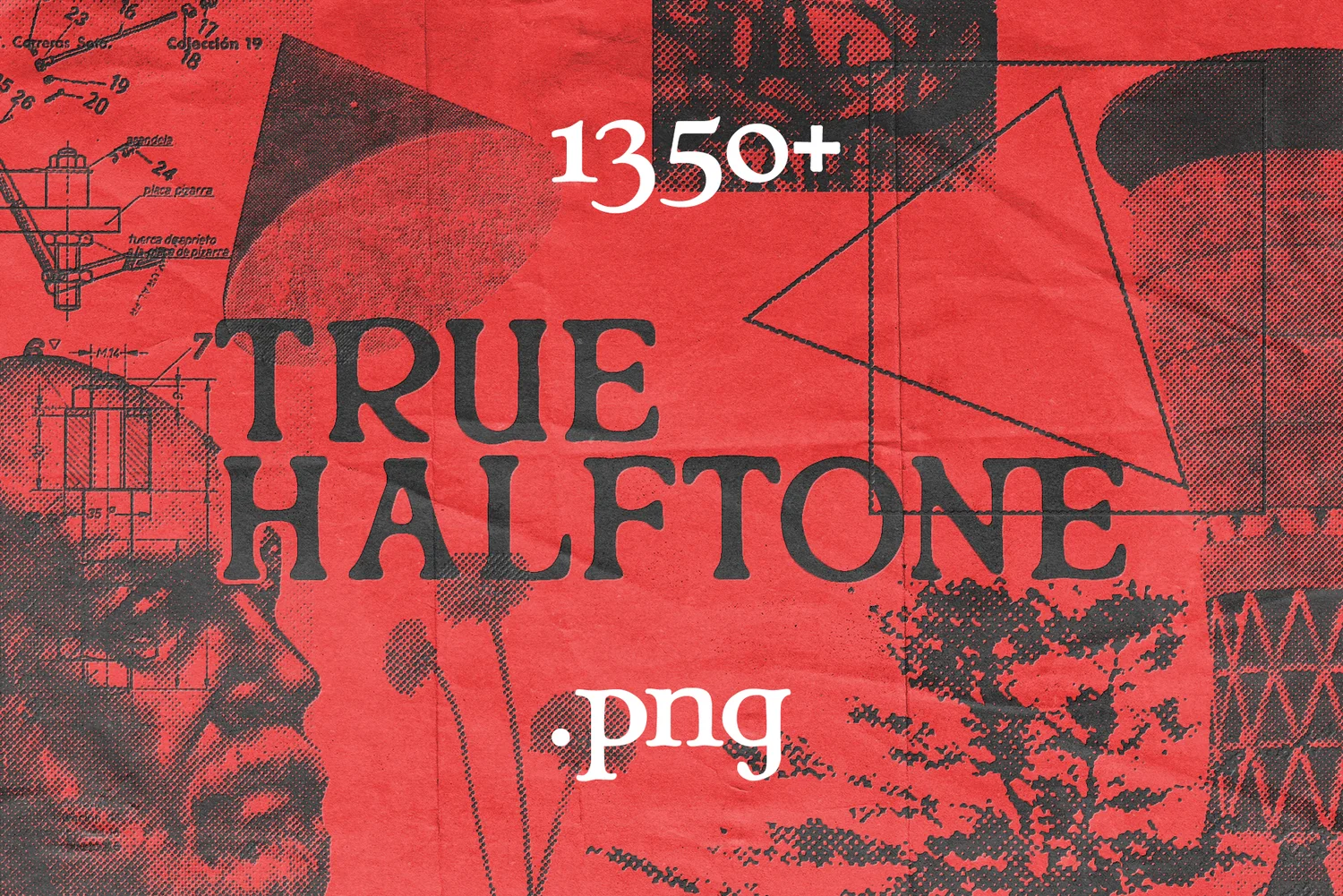 True Halftone Collection | 1350+复古图像PNG、纸划痕纹理PNG、PS渐变及图案GRD、PAT -