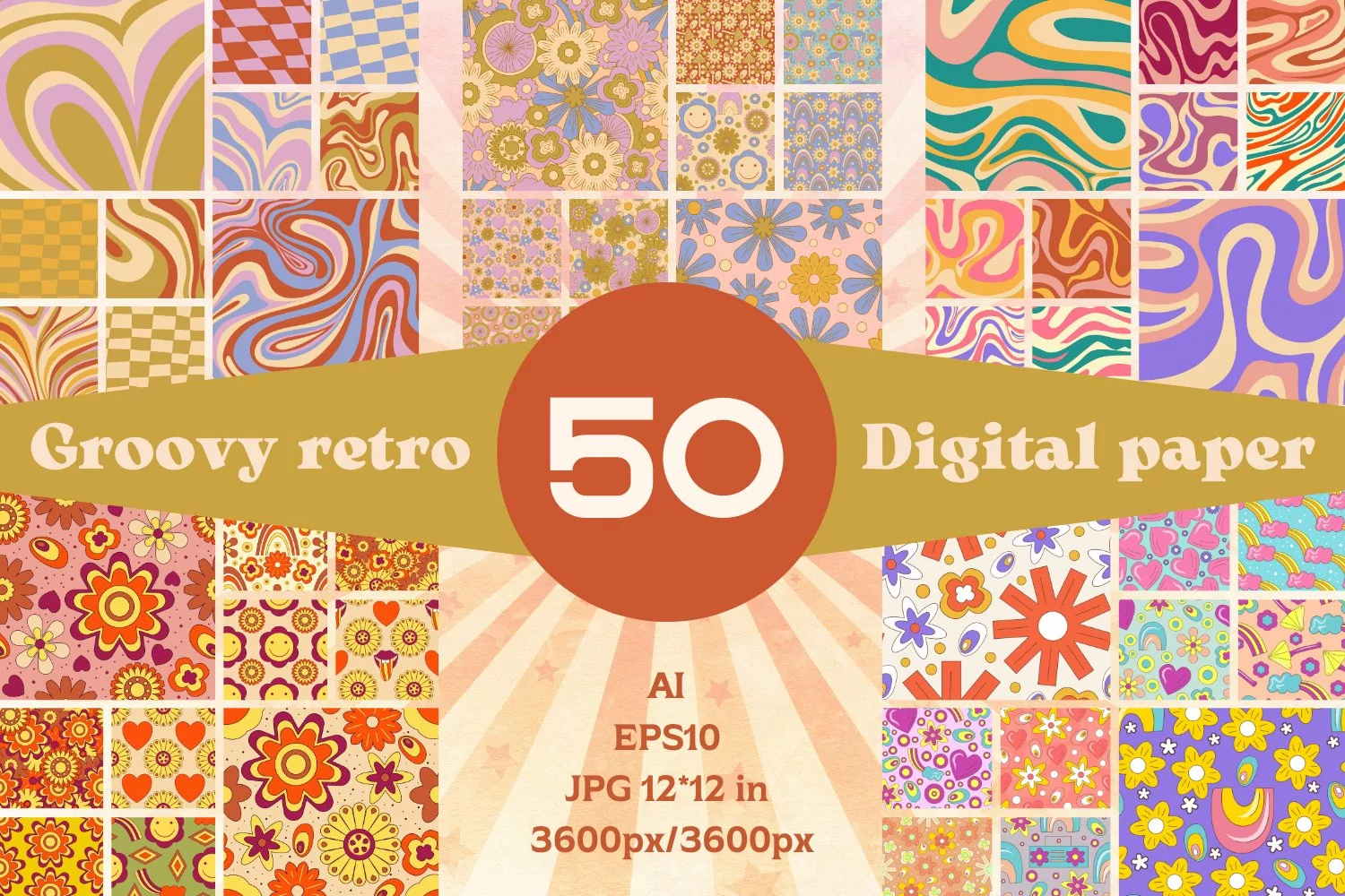 Retro Bundle 50 hippie groovy digital paper 复古捆绑 50张嬉皮时髦数码纸 -